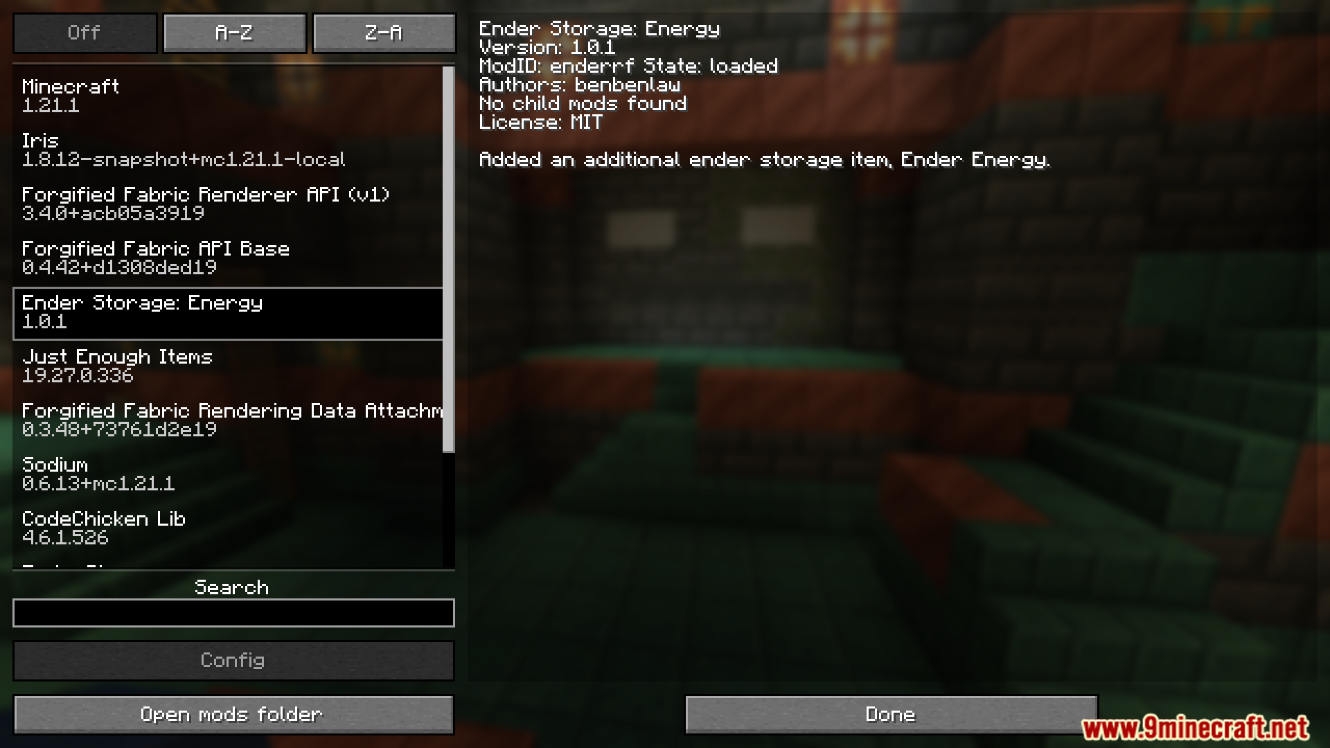 Ender Storage Energy Mod (1.21.1) – Power Distant Machines Without Cables 2 Ender storage energy mod details in the mods menu