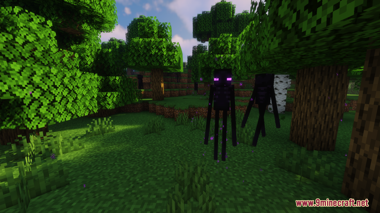 Enderman Enhanced Resource Pack (1.21.11, 1.20.1) – A Cleaner Look For Vanilla 9 Two tall endermen mobs standing together in a sunny green forest biome