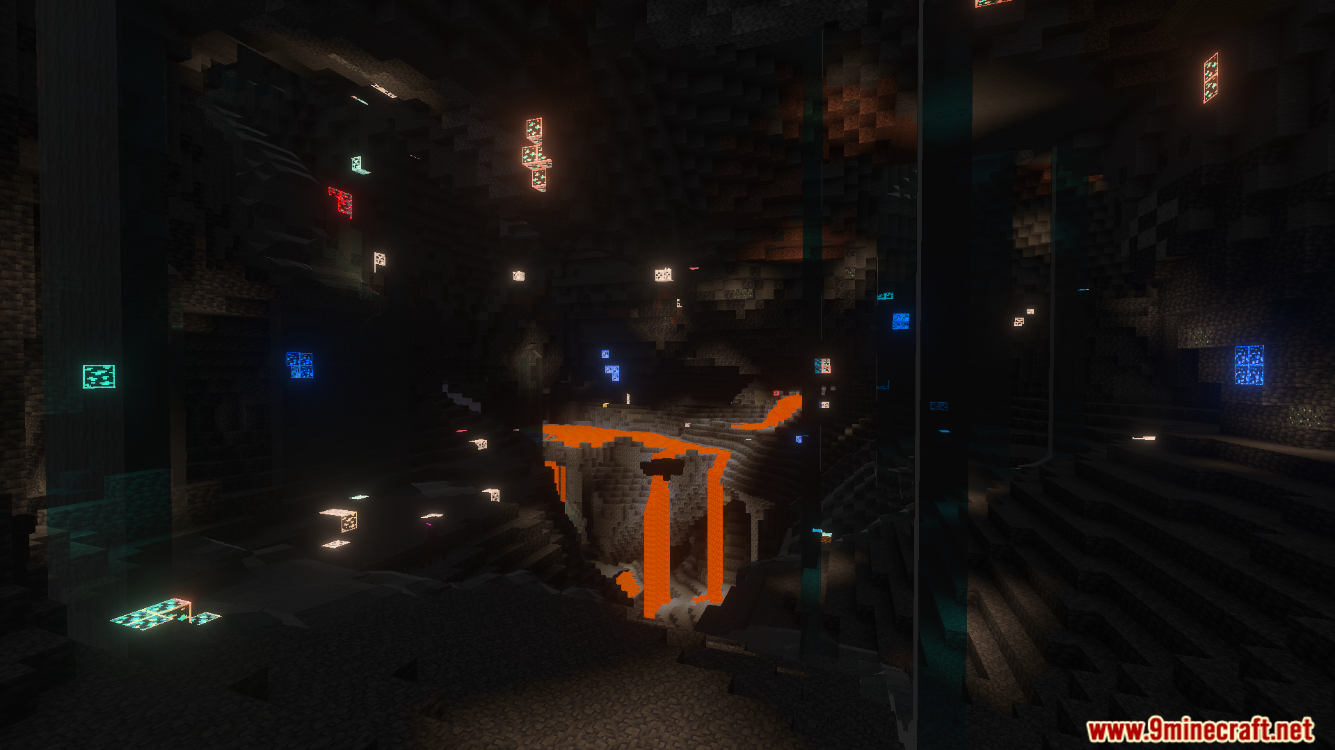 Euphrosynelights Glowing Ores Texture Pack (26.X, 1.21) – Spot Glowing Ores In Dark Caves 7 Lava flowing in a cave with glowing ores