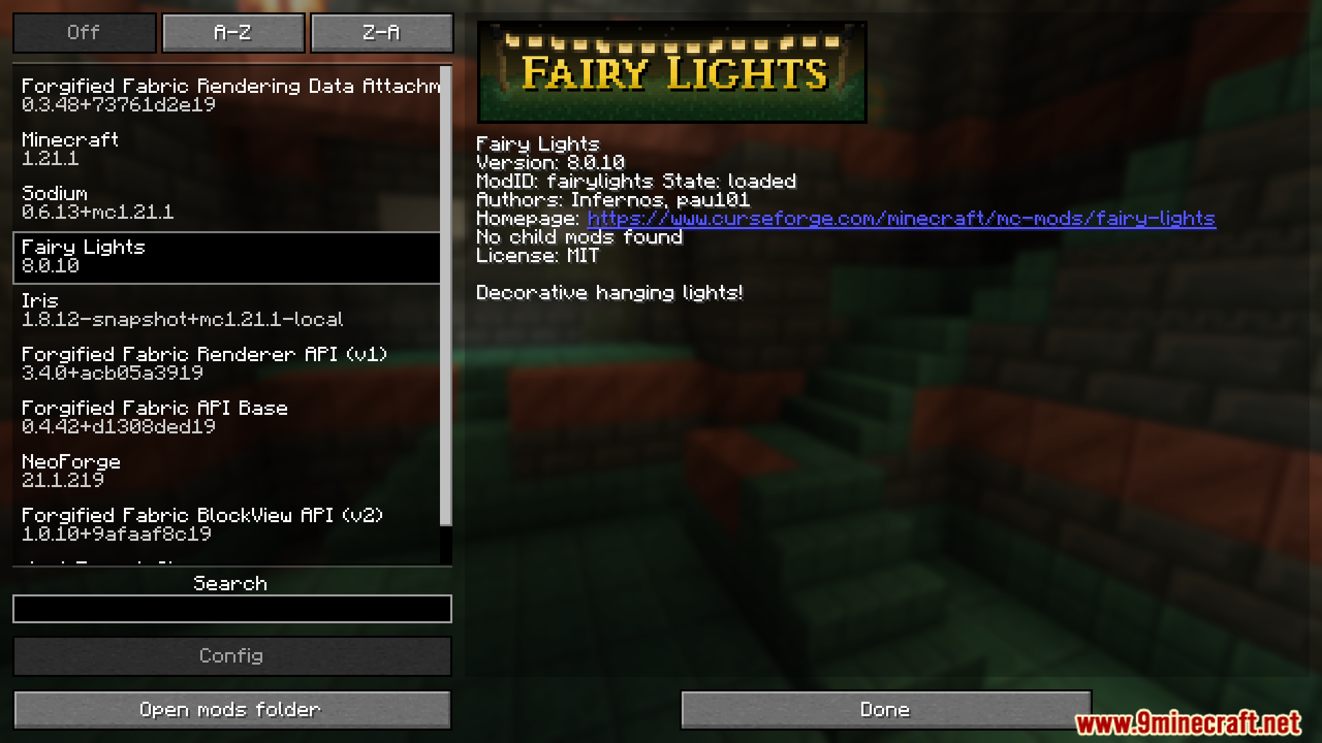 Fairy Lights Neoforge Mod (1.21.1) – Decorate Your Base With Cozy String Lights 2 Fairy lights mod information screen in minecraft