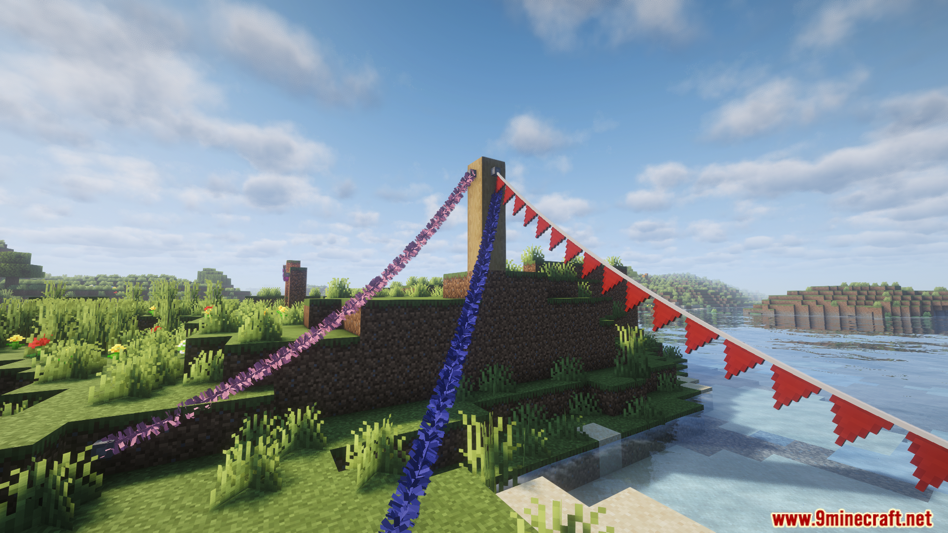 Fairy Lights Neoforge Mod (1.21.1) – Decorate Your Base With Cozy String Lights 6 Colorful pennants and garlands hanging from a wooden post