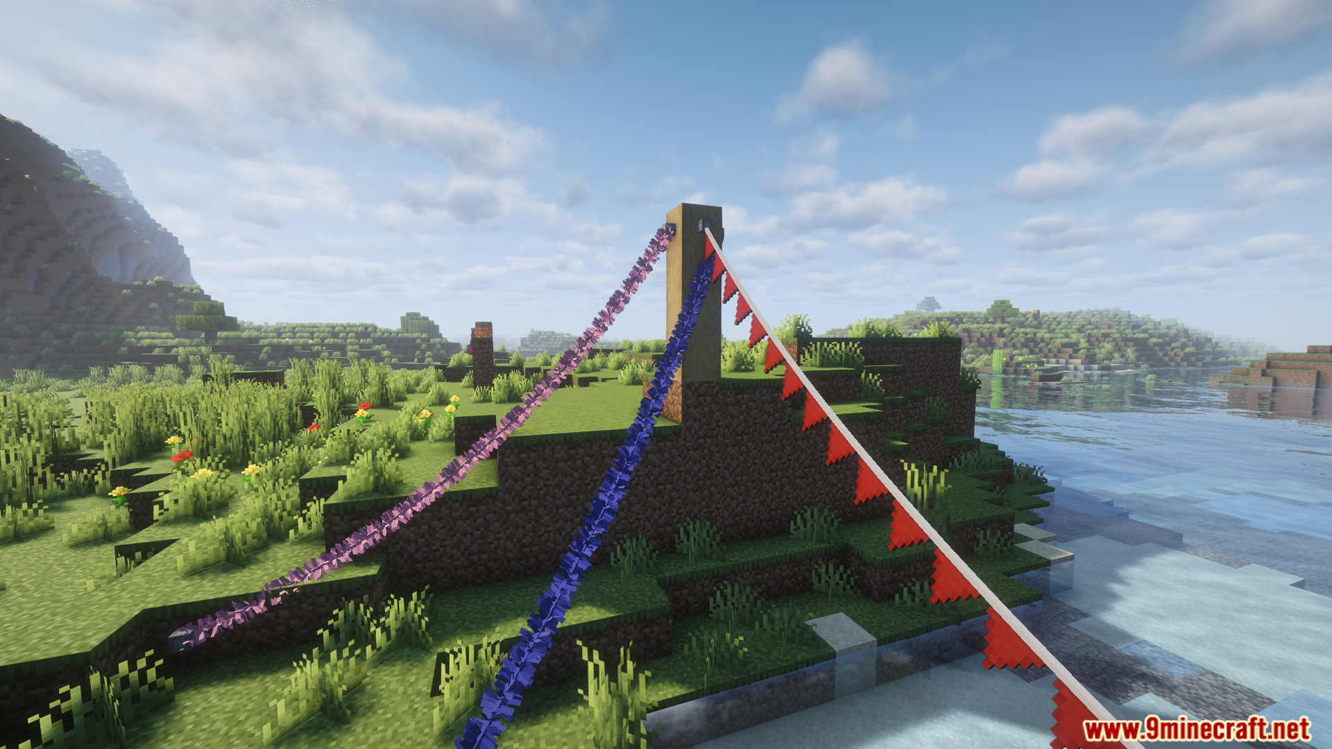 Fairy Lights Neoforge Mod (1.21.1) – Decorate Your Base With Cozy String Lights 7 Various decorative strings hanging in a grassy outdoor area