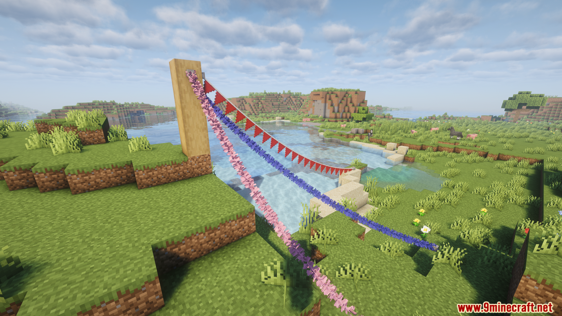 Fairy Lights Neoforge Mod (1.21.1) – Decorate Your Base With Cozy String Lights 8 Decorative pennants and garlands form a colorful bridge over a river