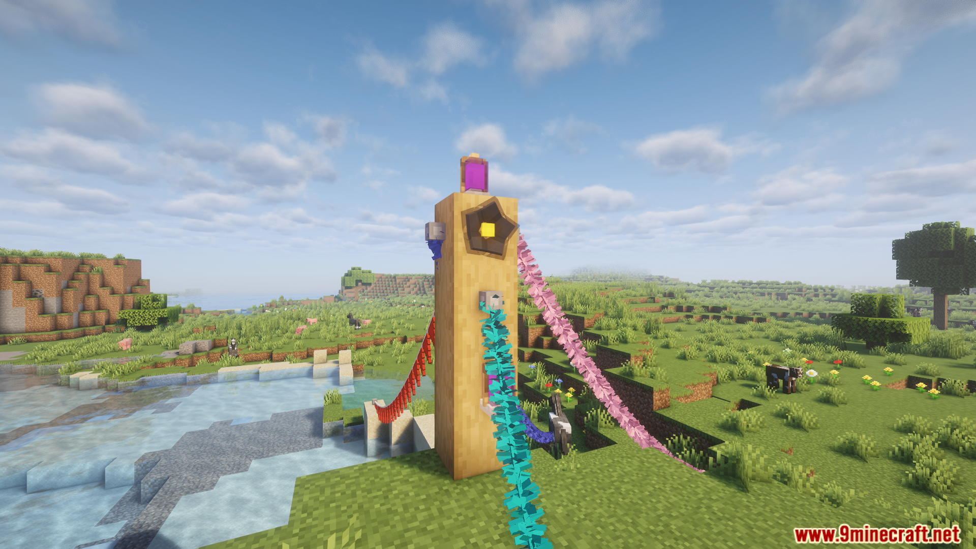 Fairy Lights Neoforge Mod (1.21.1) – Decorate Your Base With Cozy String Lights 9 A tall wooden post with colorful decorative strings attached