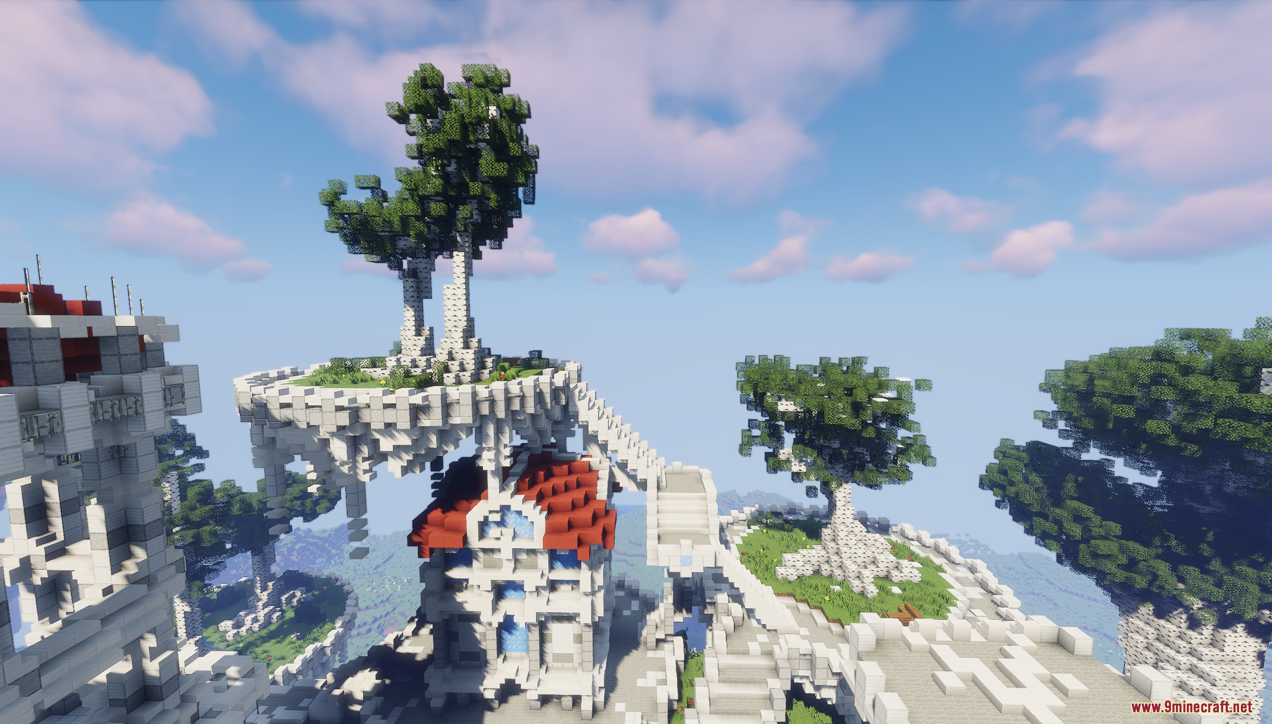 Fantasy Magic Castle Map (26.1.2, 1.20.1) – Giant Quartz Castle 2 Floating quartz islands with custom trees and a red roofed building