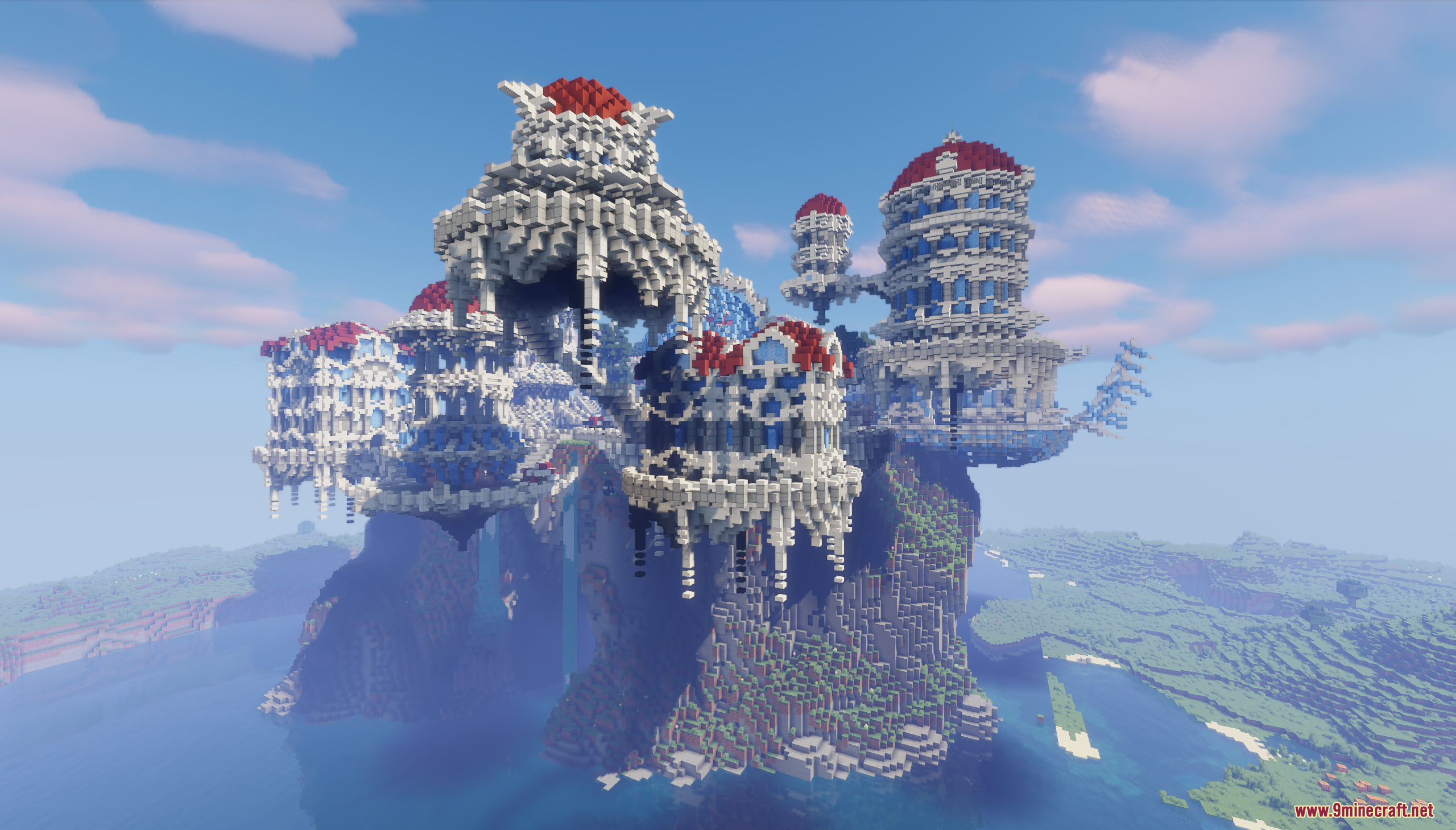 Fantasy Magic Castle Map (26.1.2, 1.20.1) – Giant Quartz Castle 11 Massive white quartz floating castle with red roofs above the ocean