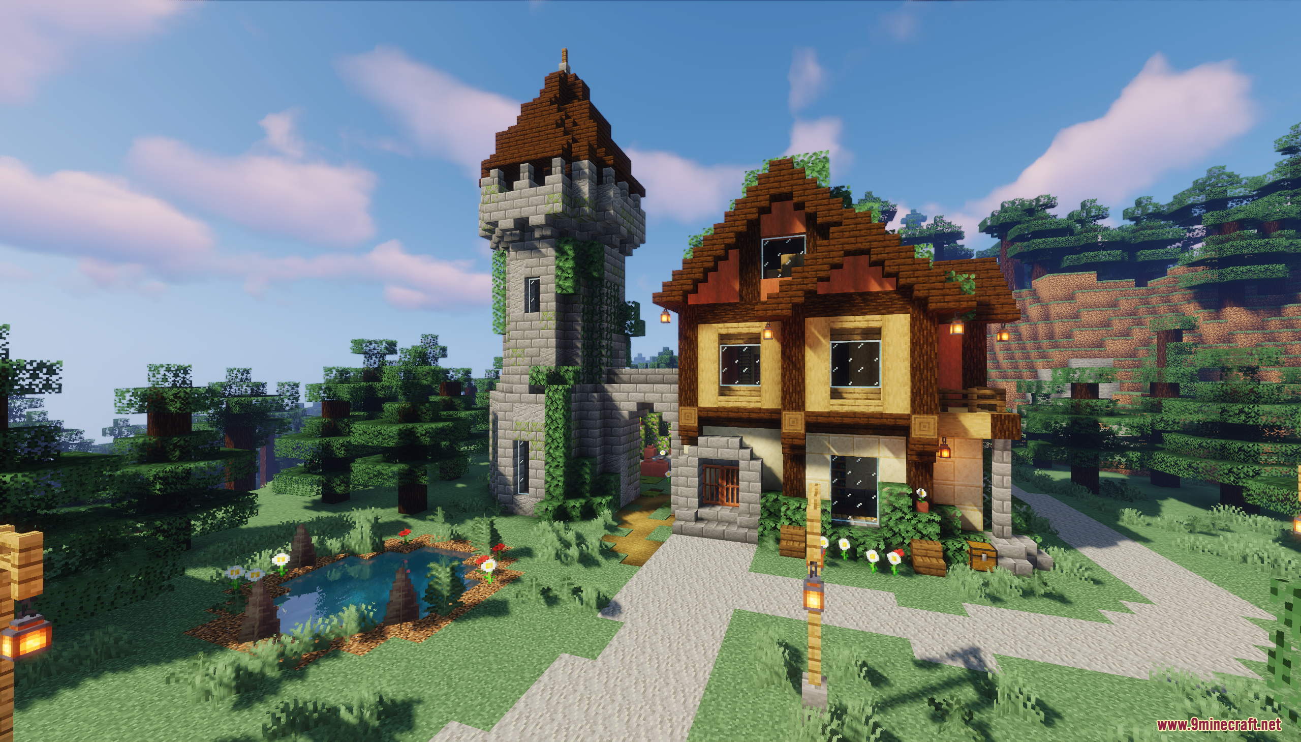 Forest Dwellers House Map (26.1.2, 1.20.1) – A Cozy Woodland Base 2 A medieval house with a stone tower next to a pond