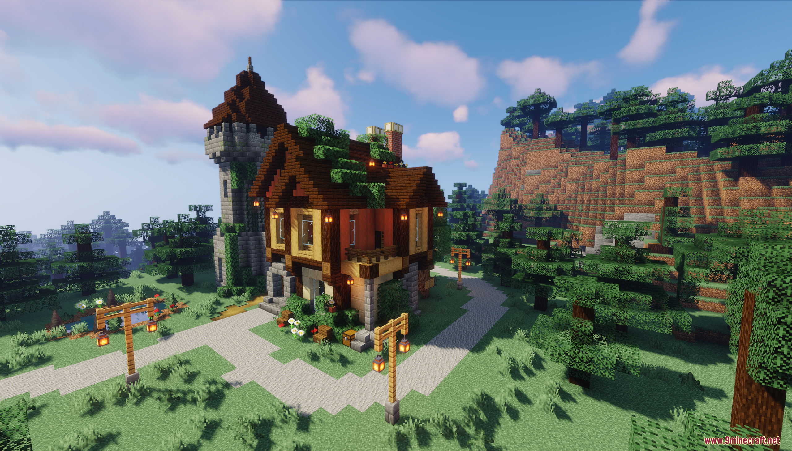 Forest Dwellers House Map (26.1.2, 1.20.1) – A Cozy Woodland Base 3 A timber-frame house and stone tower surrounded by a forest