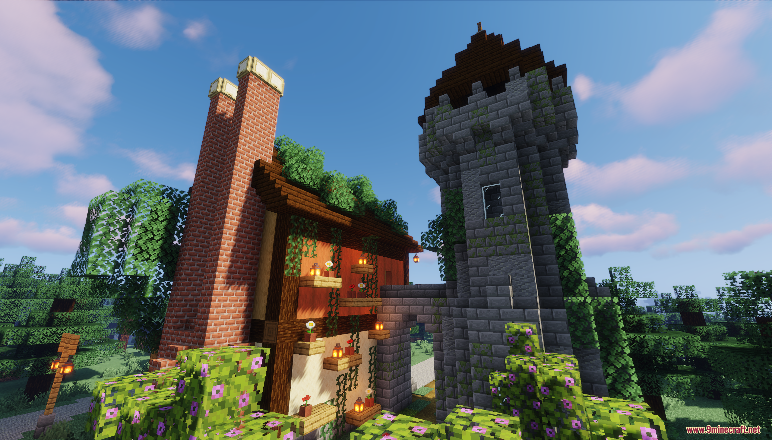 Forest Dwellers House Map (26.1.2, 1.20.1) – A Cozy Woodland Base 6 A medieval house with a tall brick chimney and stone tower
