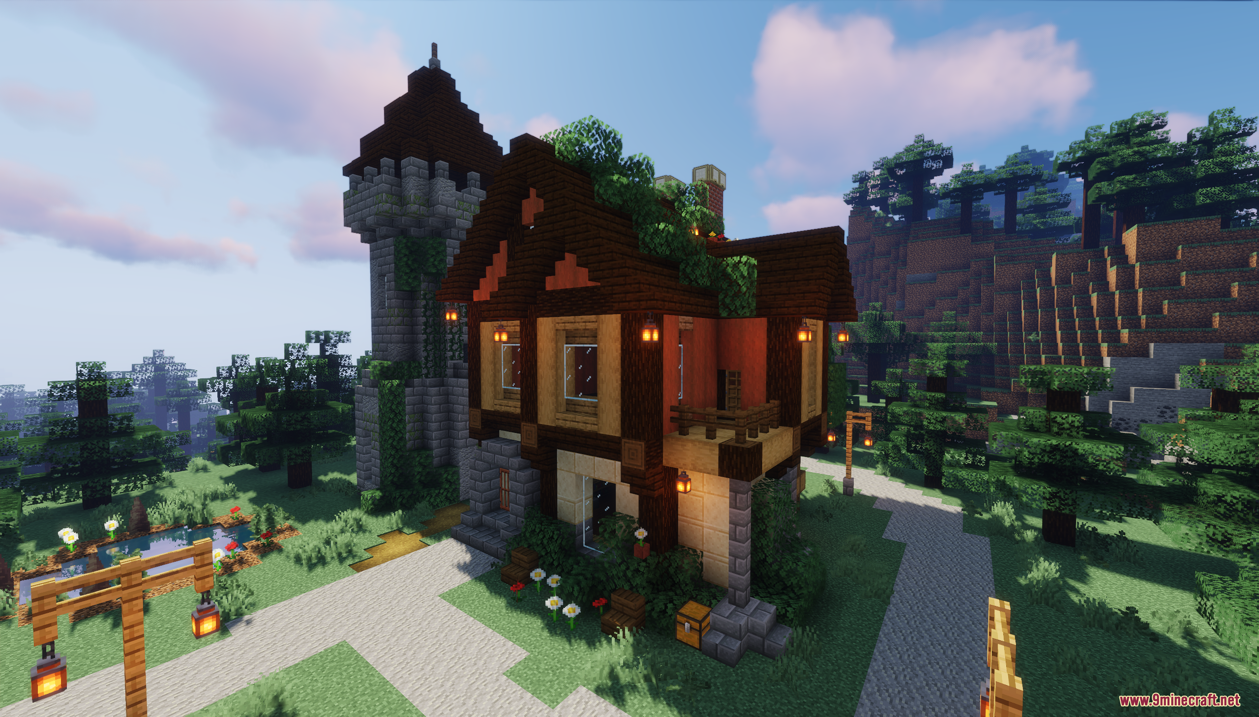 Forest Dwellers House Map (26.1.2, 1.20.1) – A Cozy Woodland Base 8 A cozy medieval house with a stone watchtower at dusk
