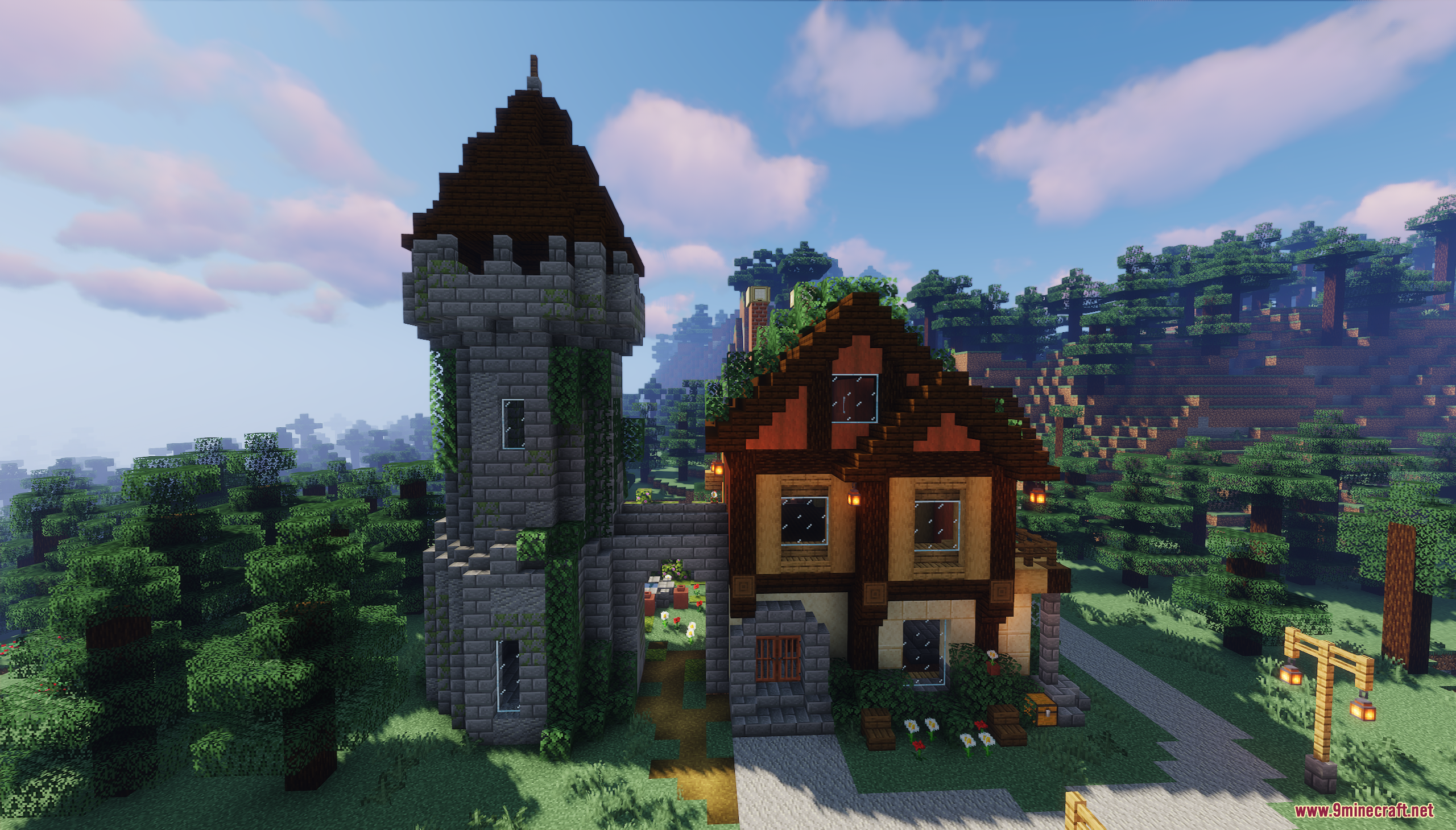 Forest Dwellers House Map (26.1.2, 1.20.1) – A Cozy Woodland Base 9 A medieval-style home with an attached stone watchtower
