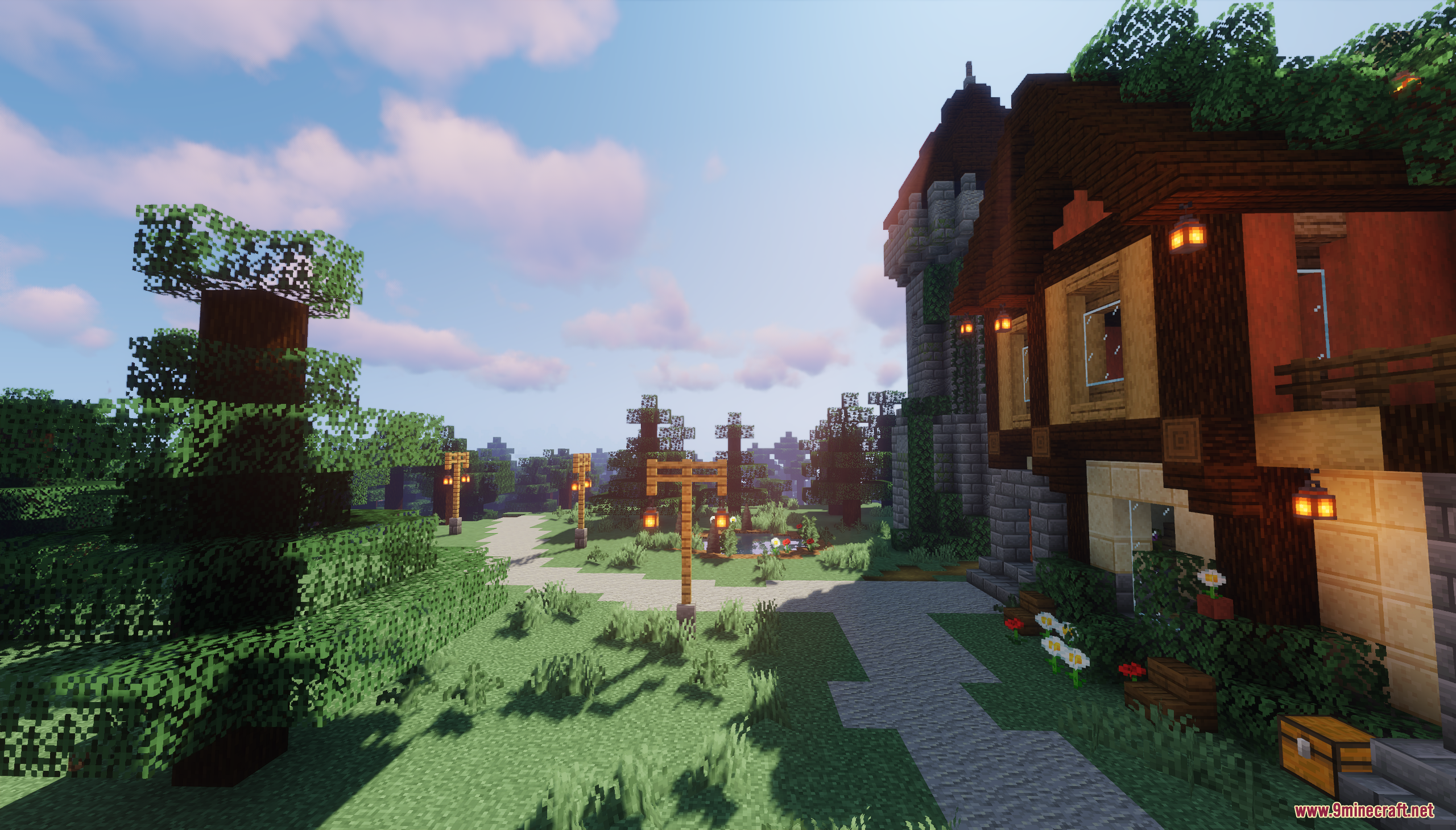 Forest Dwellers House Map (26.1.2, 1.20.1) – A Cozy Woodland Base 10 A lantern-lit gravel path leading through the dense forest