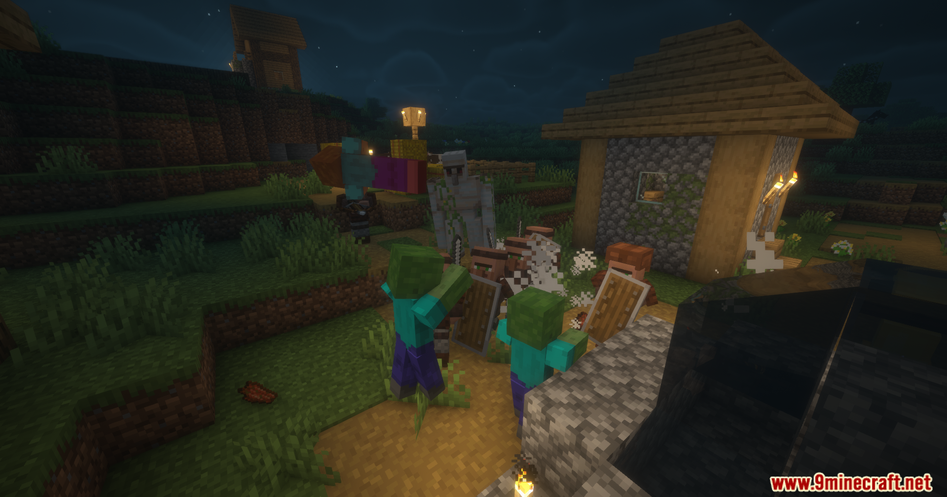 Guard Villagers Autonomous Villager Defense Mod (1.21.1, 1.20.1) 11 Armed guard villagers using shields to block zombie attacks in a dark village