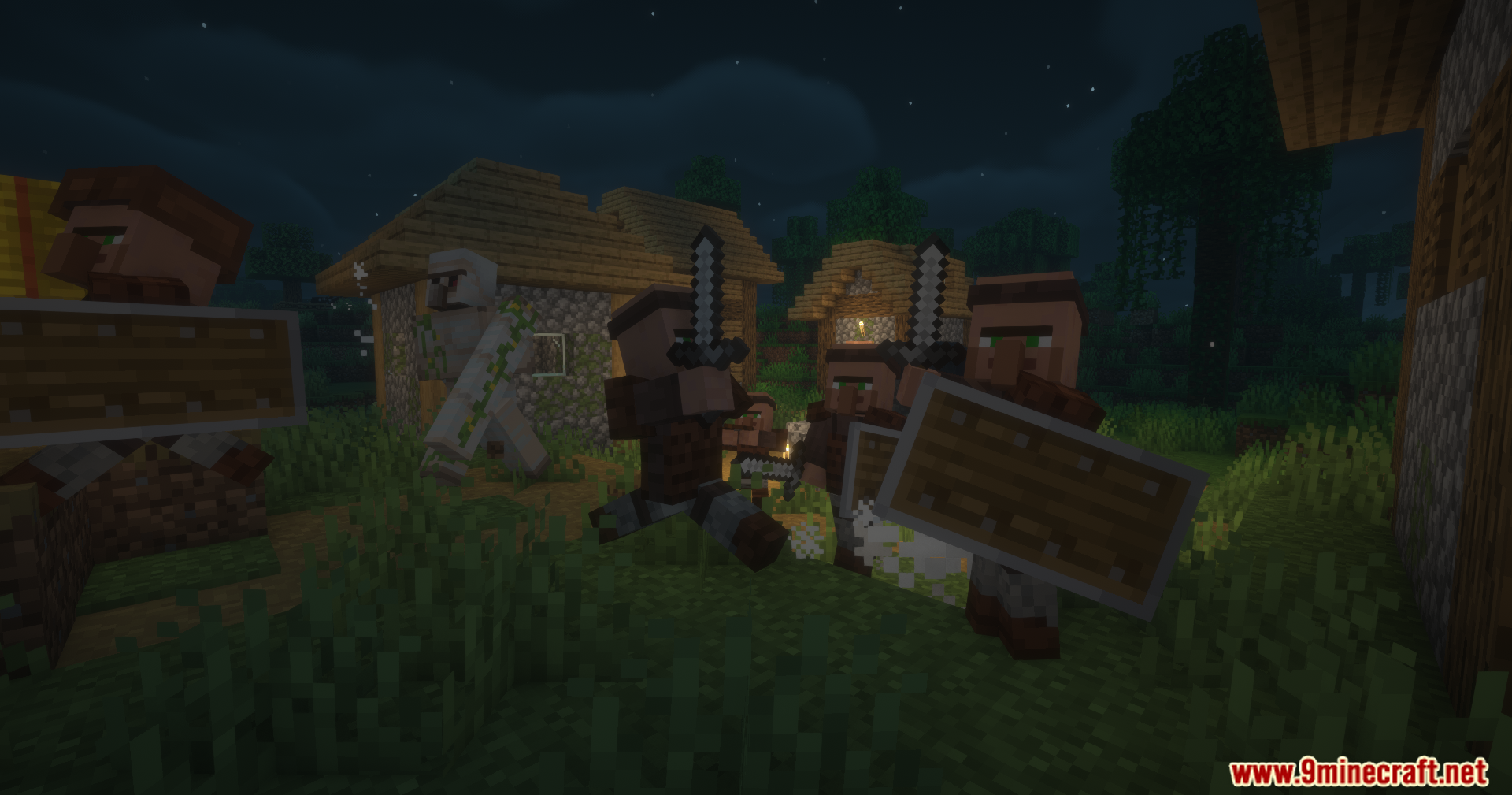 Guard Villagers Autonomous Villager Defense Mod (1.21.1, 1.20.1) 8 Armed villagers with swords and shields defending their village at night