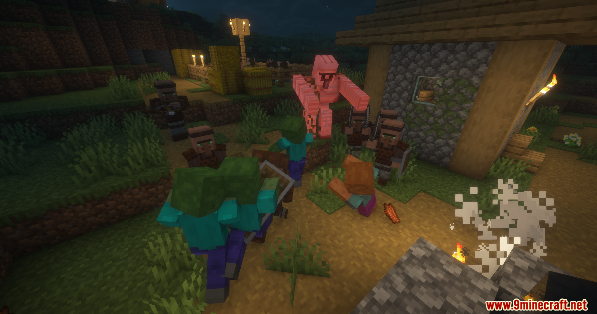 Guard Villagers Autonomous Villager Defense Mod (1.21.1, 1.20.1) 10 Guard villagers and an iron golem fighting off a zombie attack at night