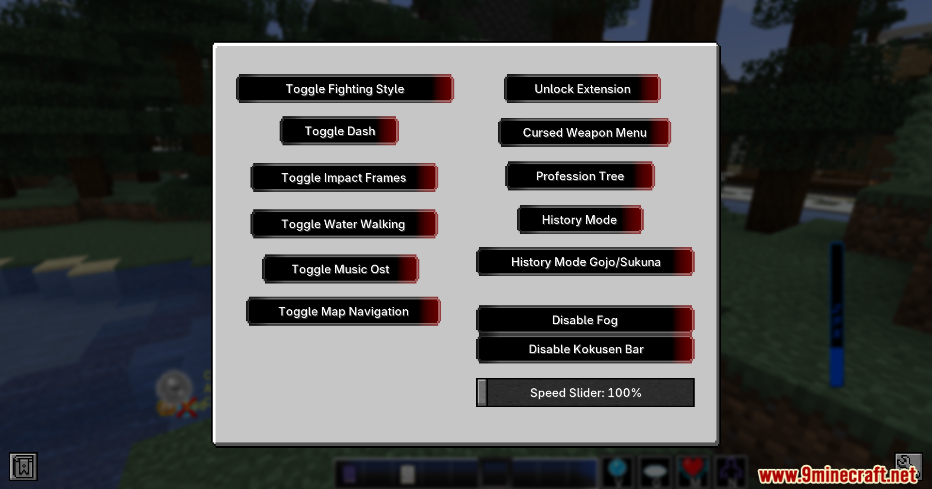 Jujutsu Kaisen Ultimate Plus Mod (1.20.1) – Join Anime Clans To Fight Cursed 12 In-game settings menu with various toggleable abilities and options