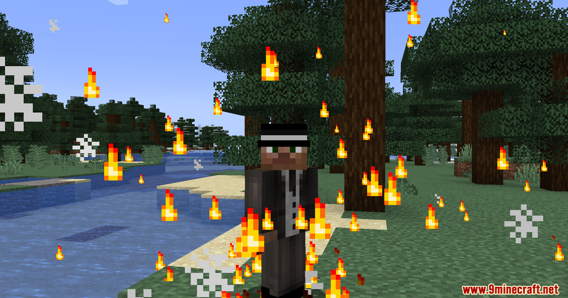 Jujutsu Kaisen Ultimate Plus Mod (1.20.1) – Join Anime Clans To Fight Cursed 7 Character surrounded by floating fire and white particle effects