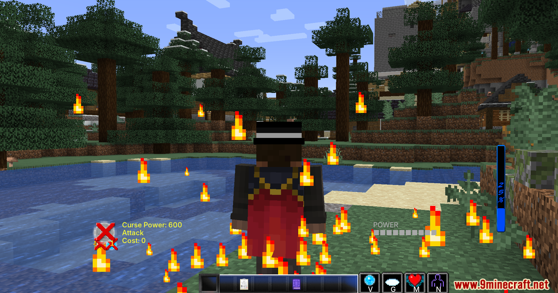 Jujutsu Kaisen Ultimate Plus Mod (1.20.1) – Join Anime Clans To Fight Cursed 8 Player character surrounded by cursed energy flames in water