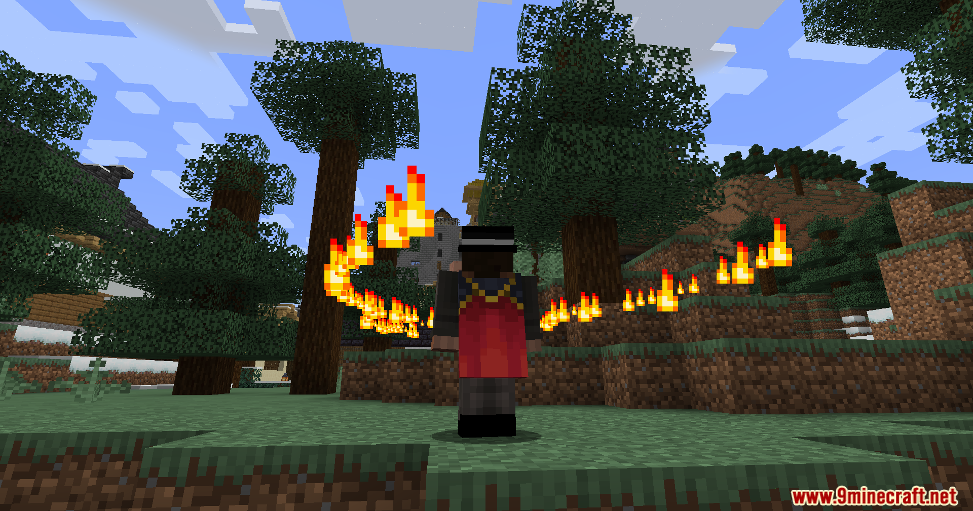 Jujutsu Kaisen Ultimate Plus Mod (1.20.1) – Join Anime Clans To Fight Cursed 9 A character unleashes a swirling arc of fire power