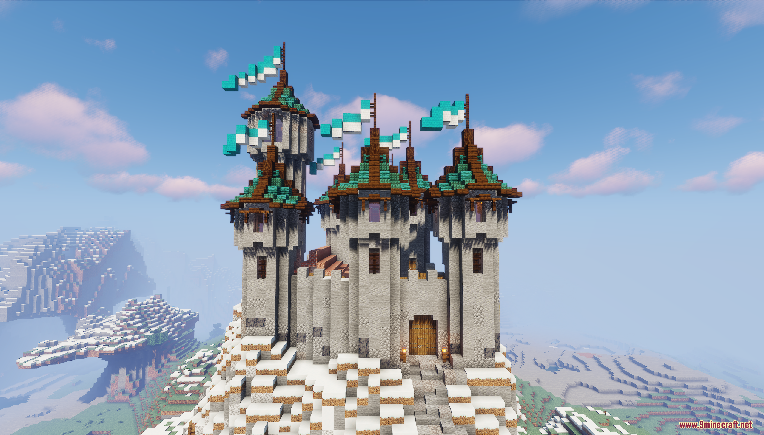 Detailed view of the stone castle with teal roofs