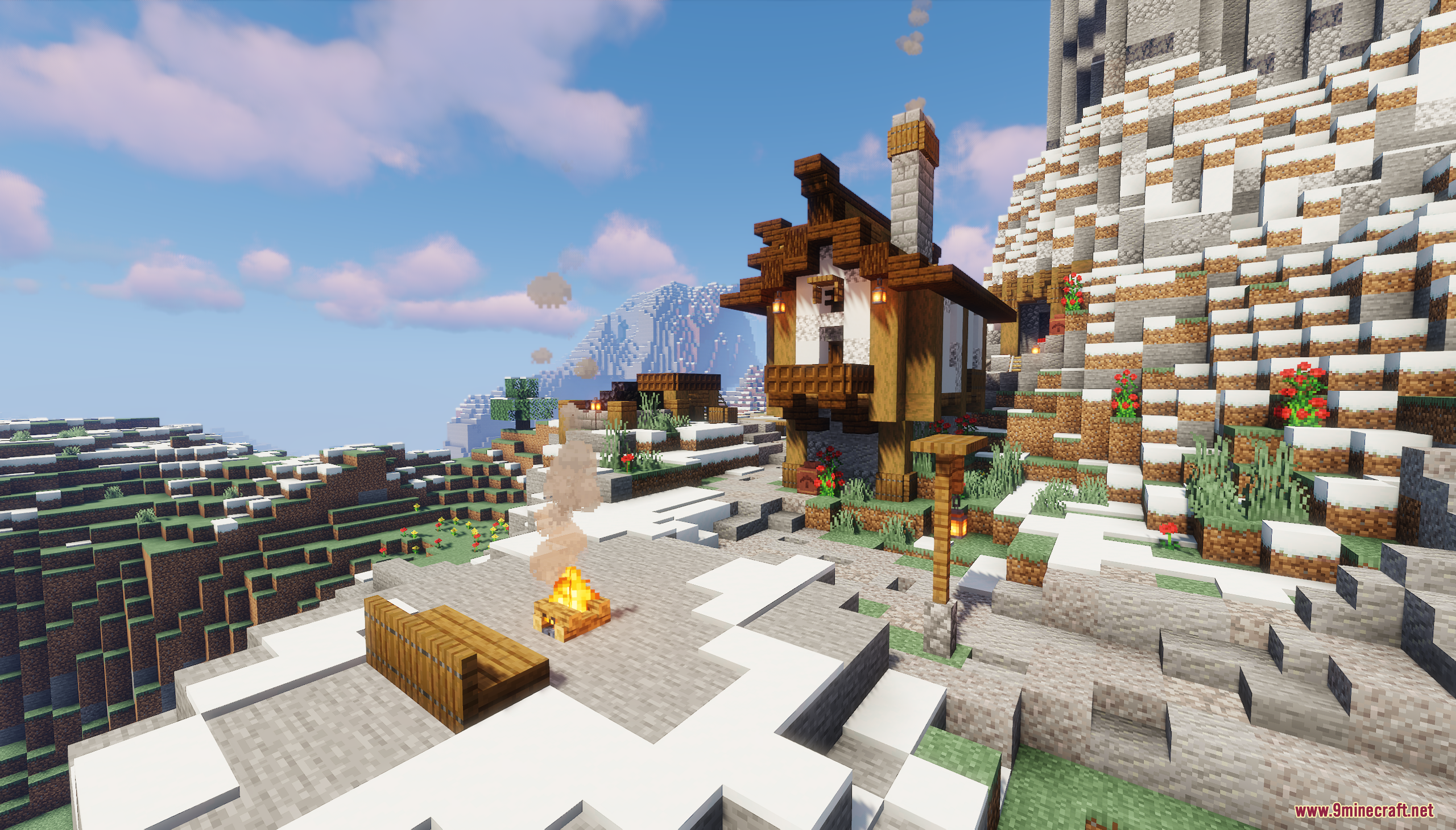 A cozy medieval house and campfire on a snowy hillside