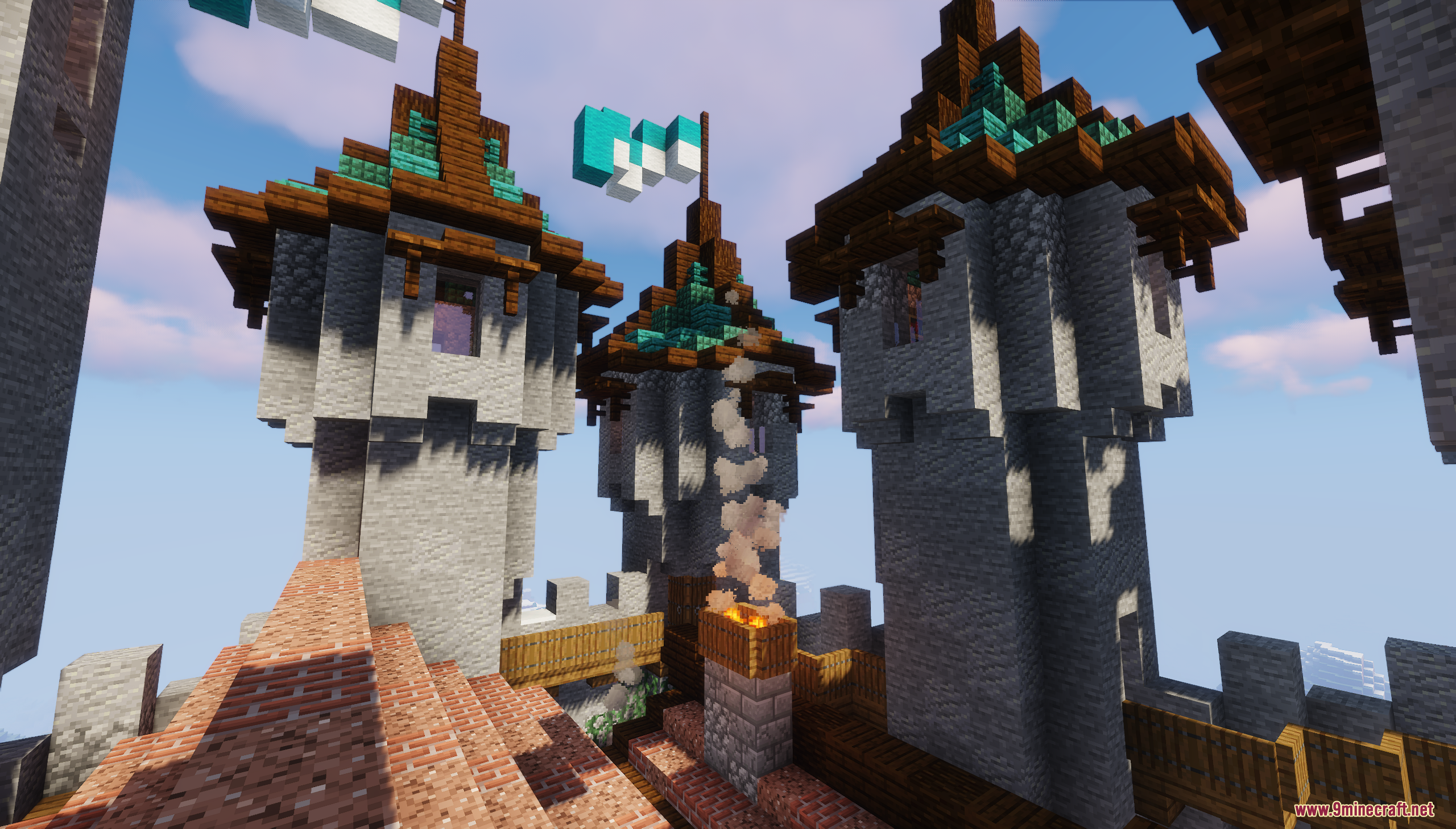 A close up view of the castle's detailed stone towers