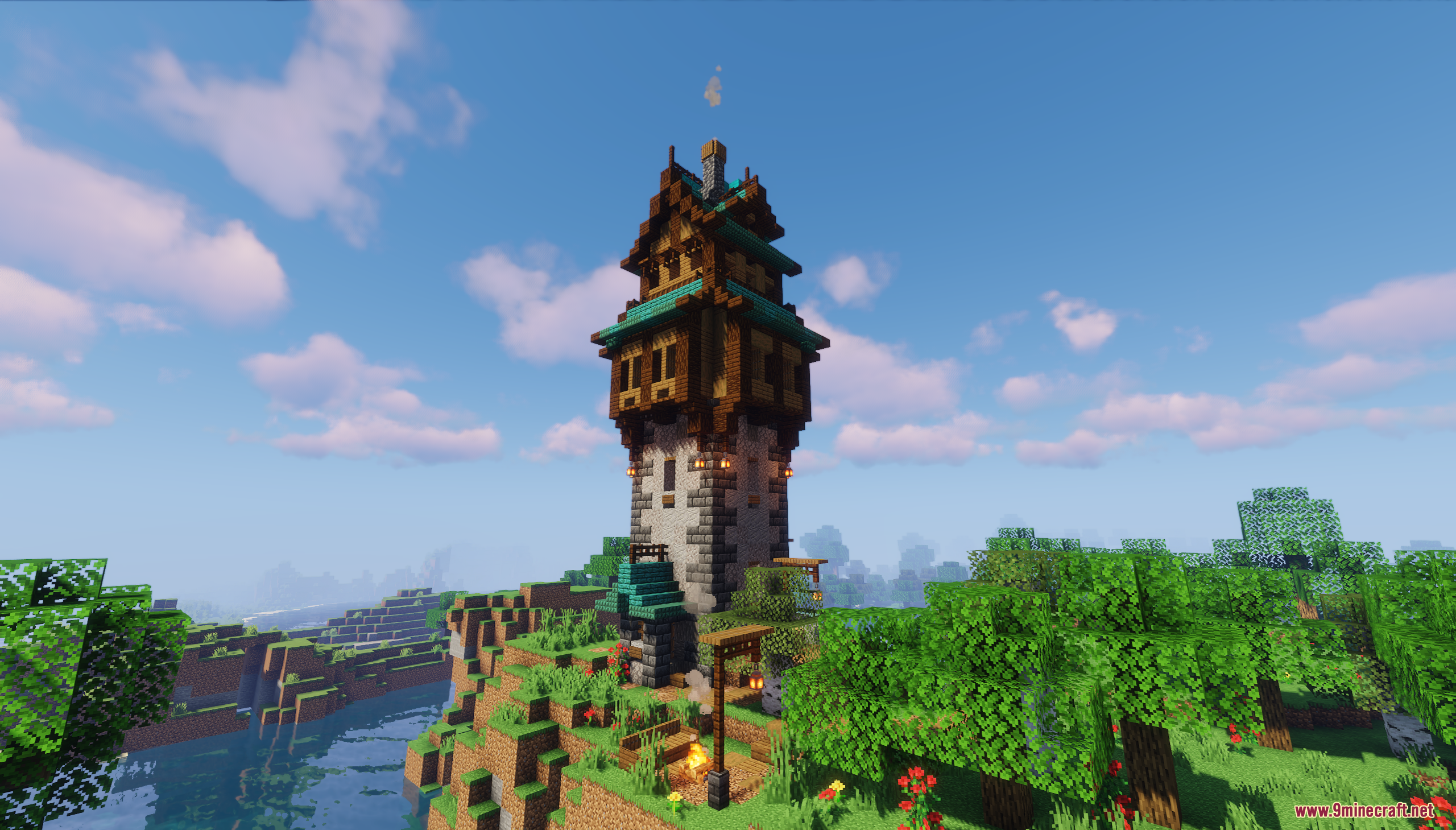 Medieval Fantasy Tower Map (26.1.2, 1.20.1) – Start A Magical Journey 3 A close-up view of the tower's stone and wood design