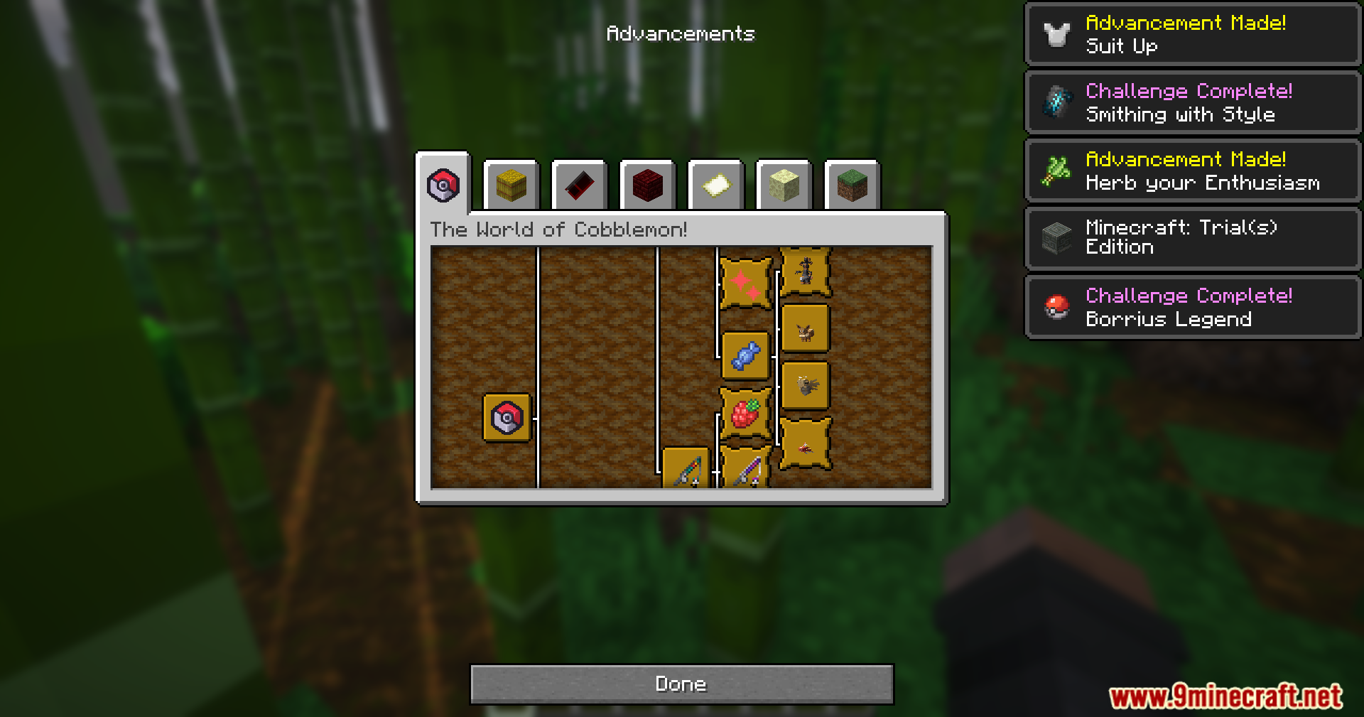 Mrct Localization Data Pack (1.21.1, 1.21) – Read Trainer Goals And Earn Custom Badges 2 Minecraft advancements menu showing the cobblemon tab and various completed achievement notifications