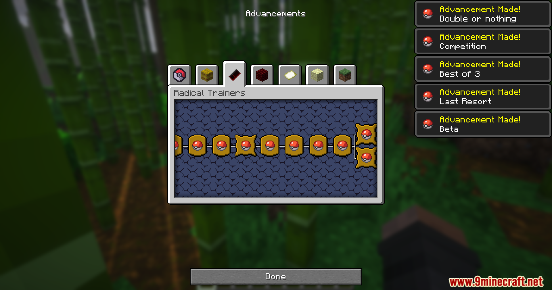 Mrct Localization Data Pack (1.21.1, 1.21) – Read Trainer Goals And Earn Custom Badges 12 Player viewing a custom advancements tree with pokeball icons in the menu