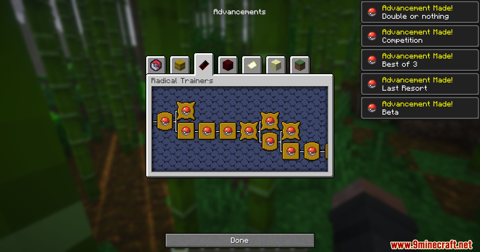 Mrct Localization Data Pack (1.21.1, 1.21) – Read Trainer Goals And Earn Custom Badges 13 Player looking at a branching custom advancements tree featuring pokeball icons