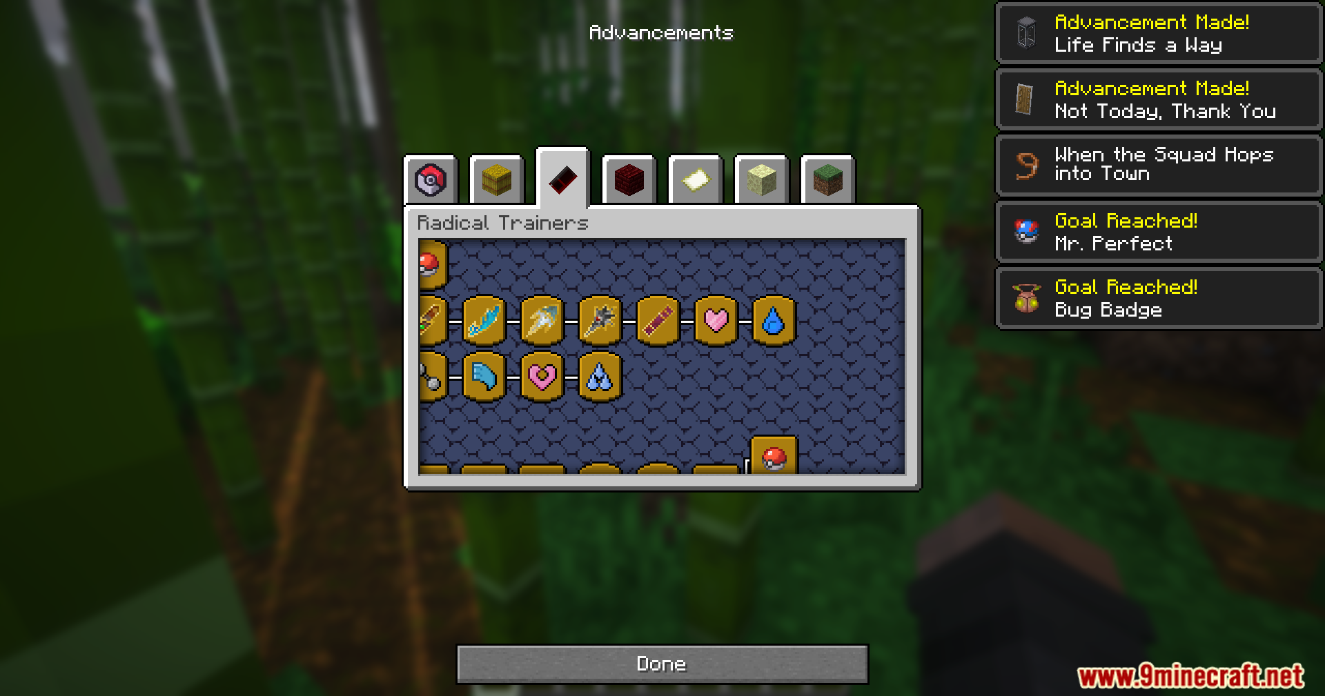 Mrct Localization Data Pack (1.21.1, 1.21) – Read Trainer Goals And Earn Custom Badges 8 Minecraft advancements screen showing custom badge icons for the radical trainers tab