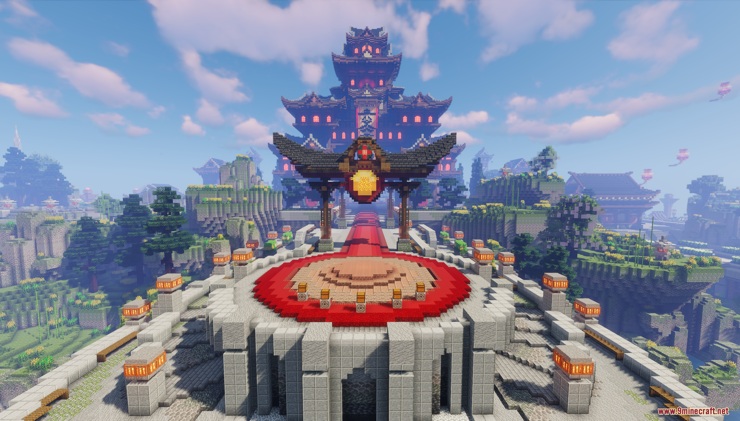 Oriental Valley Map (26.1.2, 1.20.1) – Peaceful Asian City 2 Large asian style temple featuring a red carpet pathway and a decorative gate