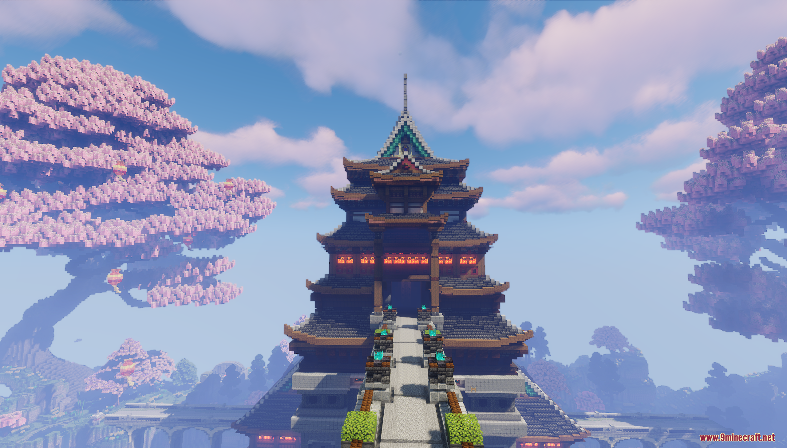 Oriental Valley Map (26.1.2, 1.20.1) – Peaceful Asian City 11 Large oriental building with a stone walkway flanked by pink cherry blossom trees
