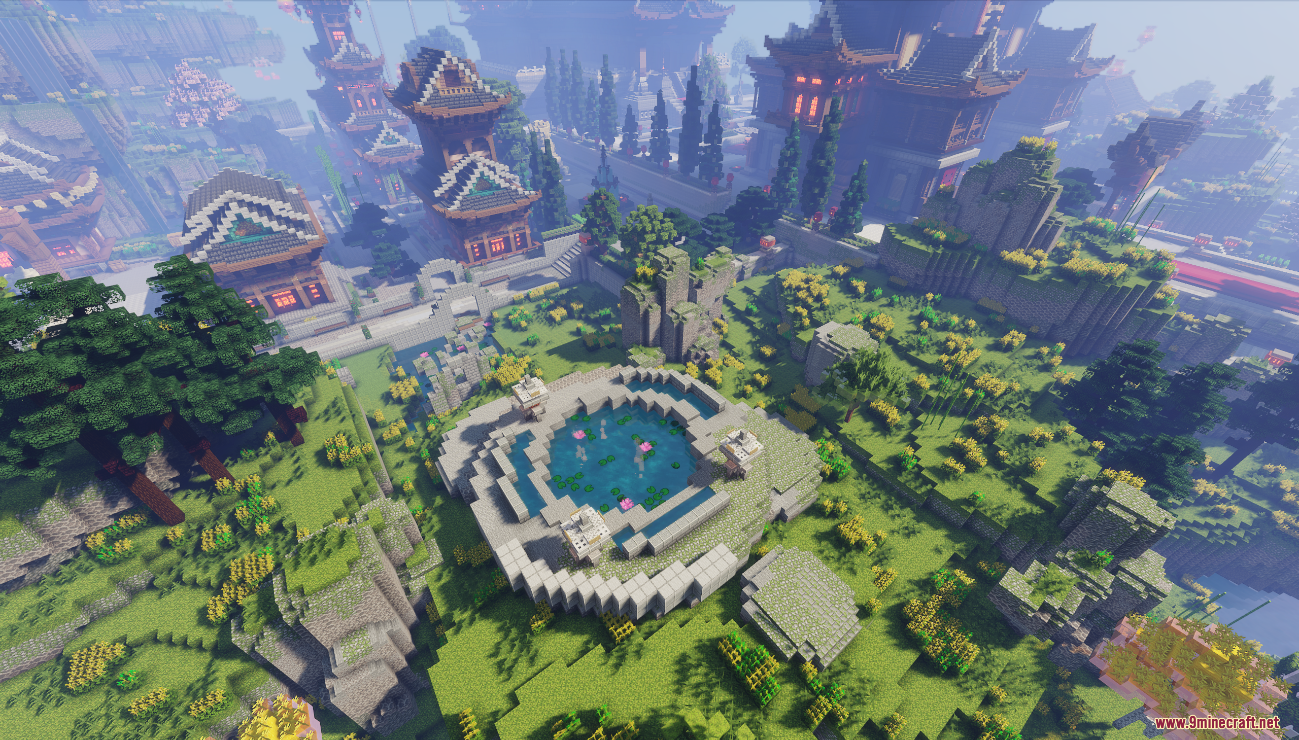 Oriental Valley Map (26.1.2, 1.20.1) – Peaceful Asian City 3 Aerial view of a circular pond with lily pads in an oriental garden