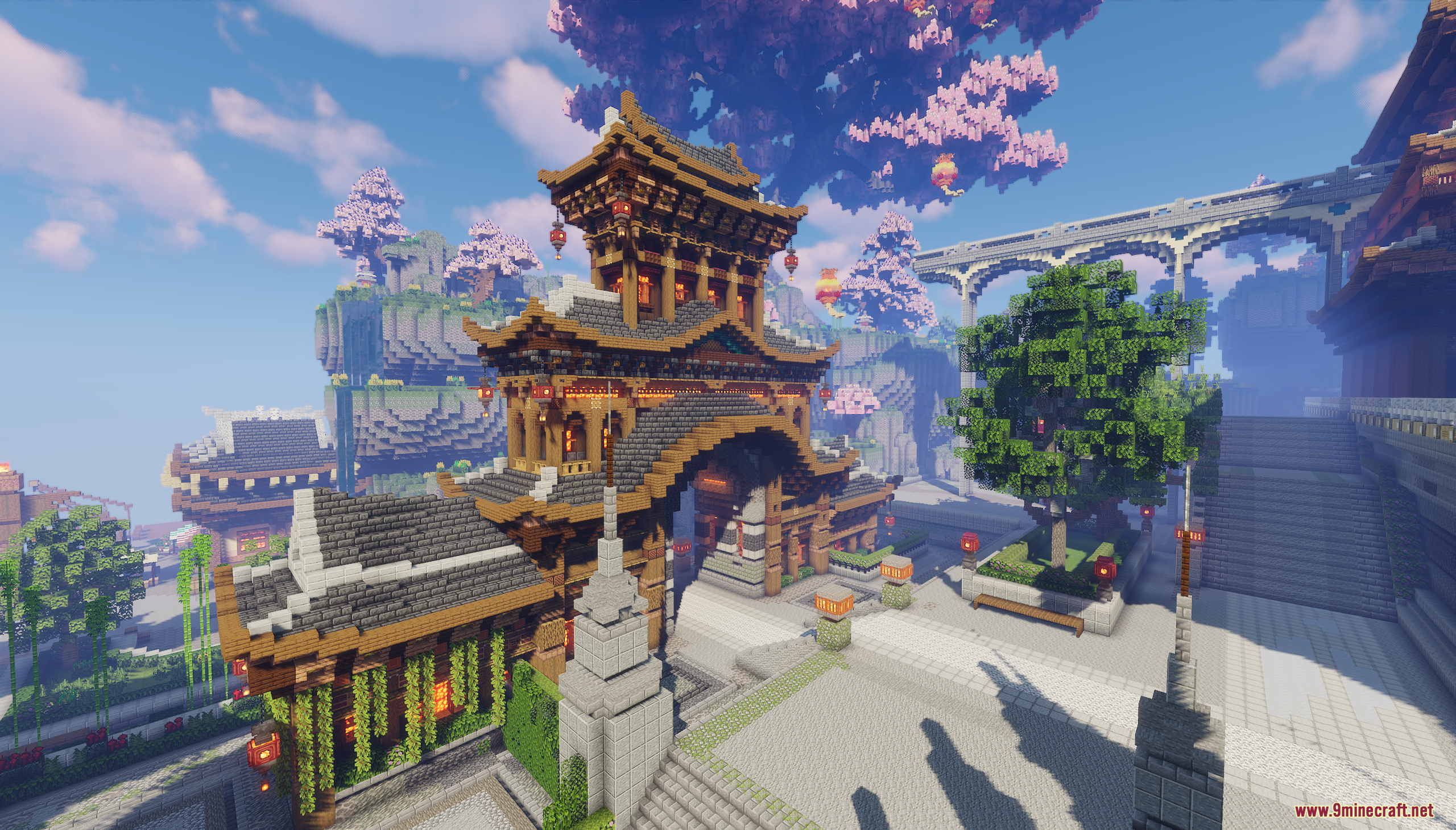 Oriental Valley Map (26.1.2, 1.20.1) – Peaceful Asian City 4 Large asian style gate building with red lanterns and cherry blossom trees nearby