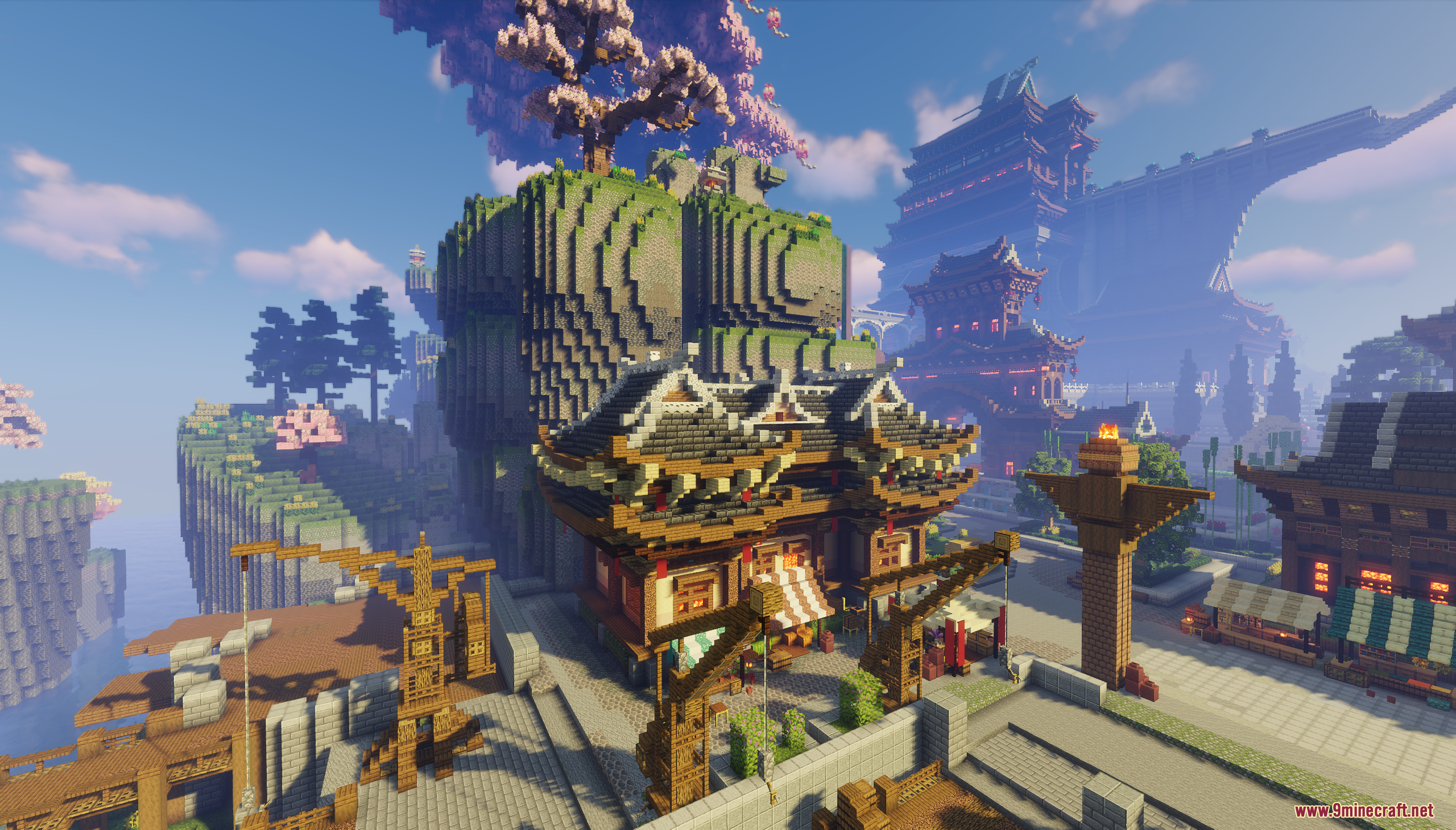 Oriental Valley Map (26.1.2, 1.20.1) – Peaceful Asian City 5 Asian style marketplace with wooden cranes and buildings next to a large cliff