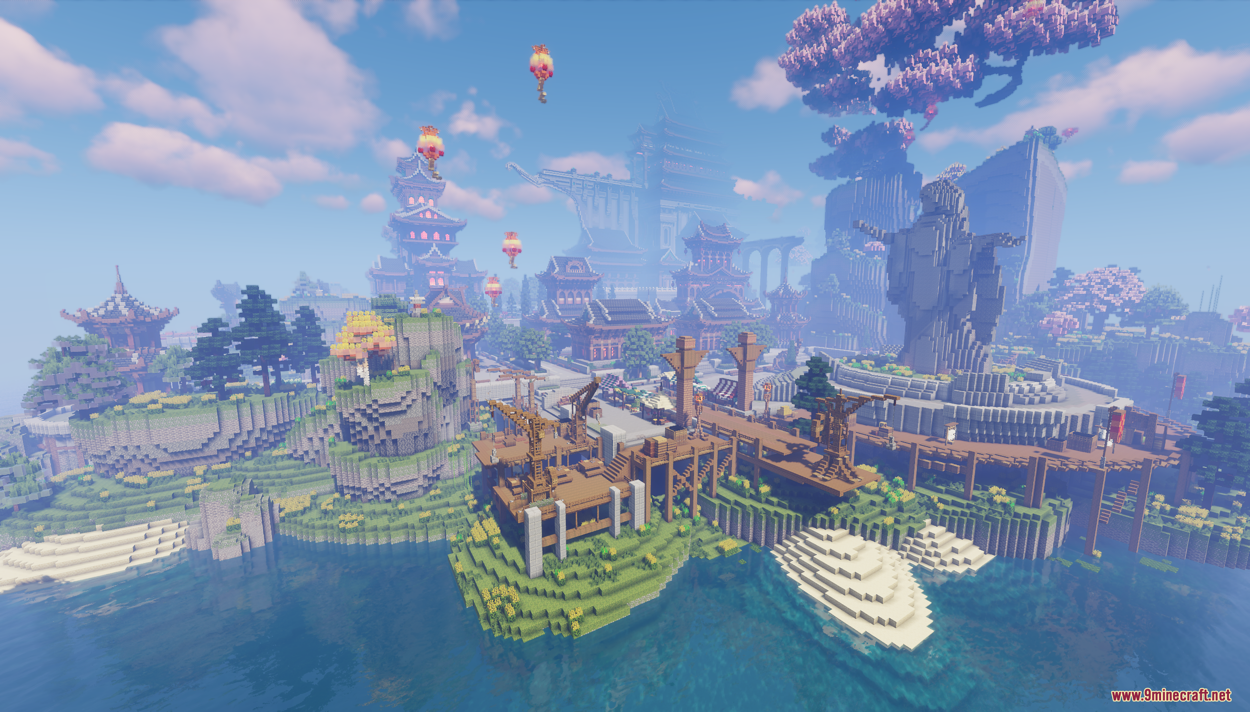 Oriental Valley Map (26.1.2, 1.20.1) – Peaceful Asian City 7 Coastal asian style village featuring wooden docks a stone statue and floating balloons