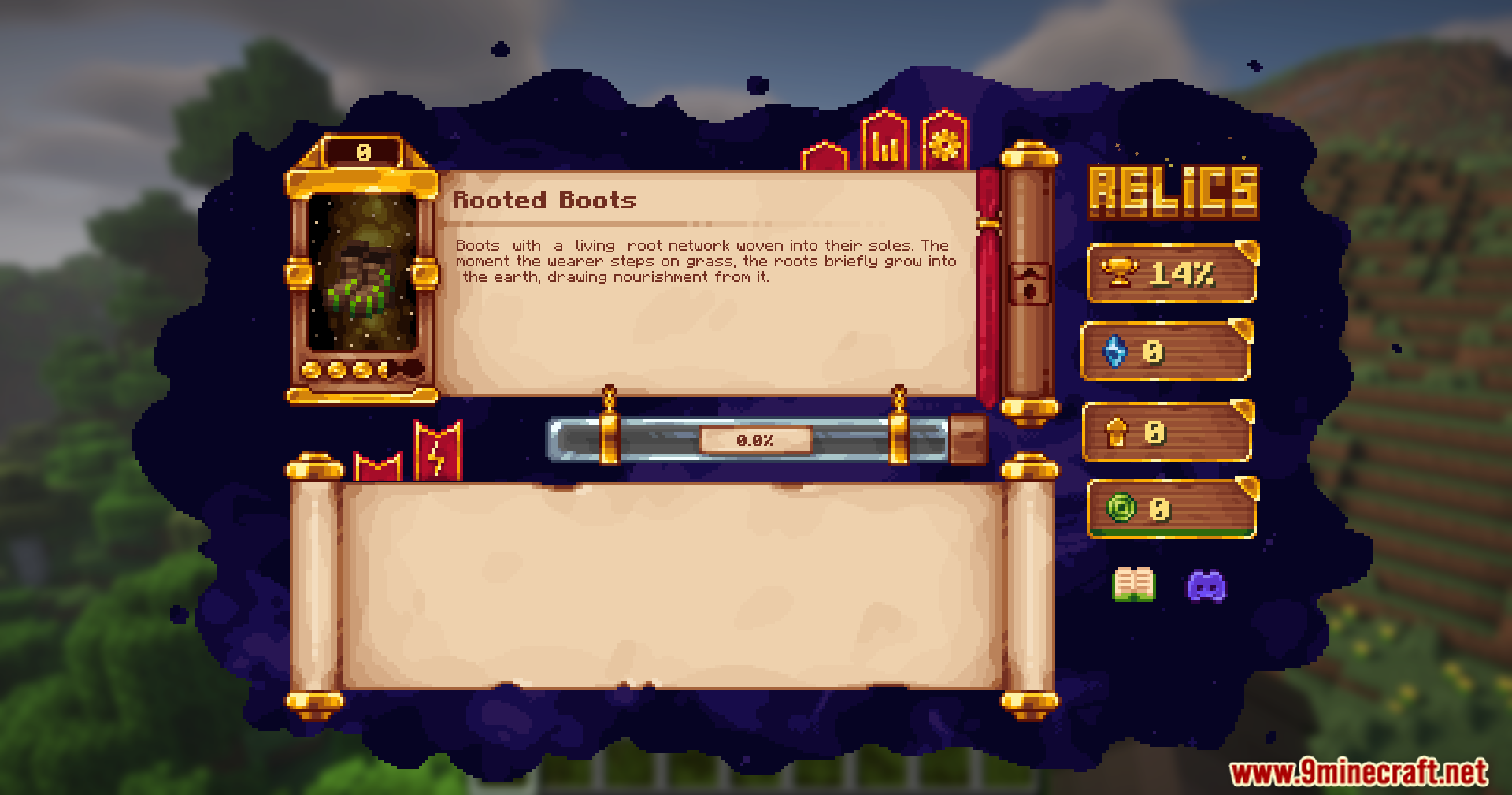 Reliquified Artifacts Mod (1.21.1, 1.20.1) – Level Up Your Favorite Artifacts 16 The relics ui displaying the rooted boots artifact