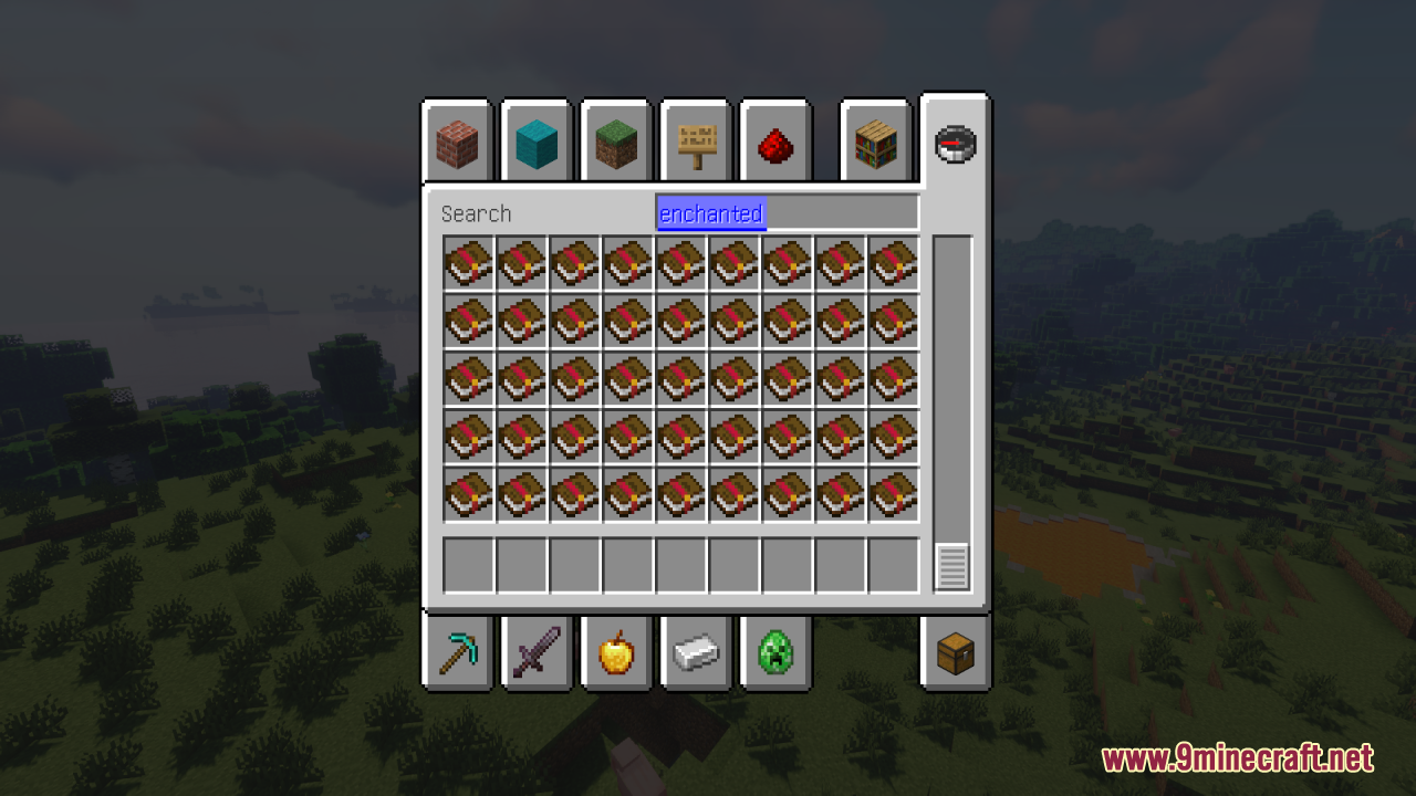 Remove Enchant Glint Resource Pack (1.21.11, 1.21.1) – True Vanilla Colors 5 Enchanted books in inventory without the purple glint effect
