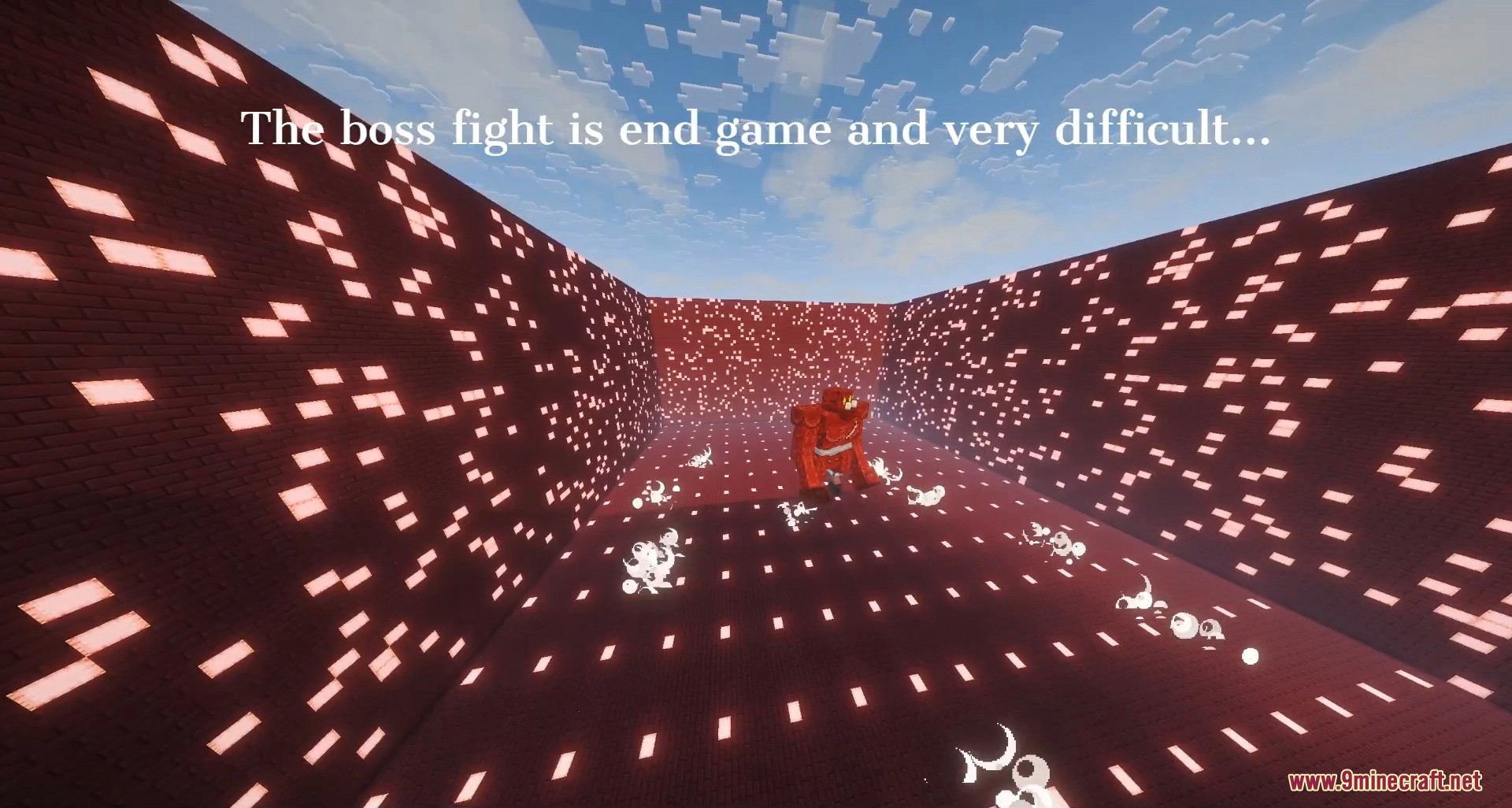 An intense endgame boss fight in a large glowing arena