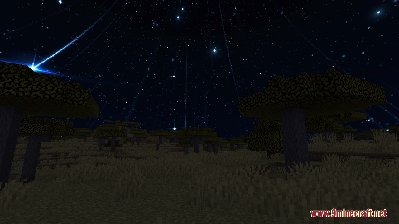 Sky Anime Resource Pack (1.21.10, 1.20.1) – Beautiful Painted Skies 11 Nighttime savanna landscape featuring a dark sky filled with bright shooting stars