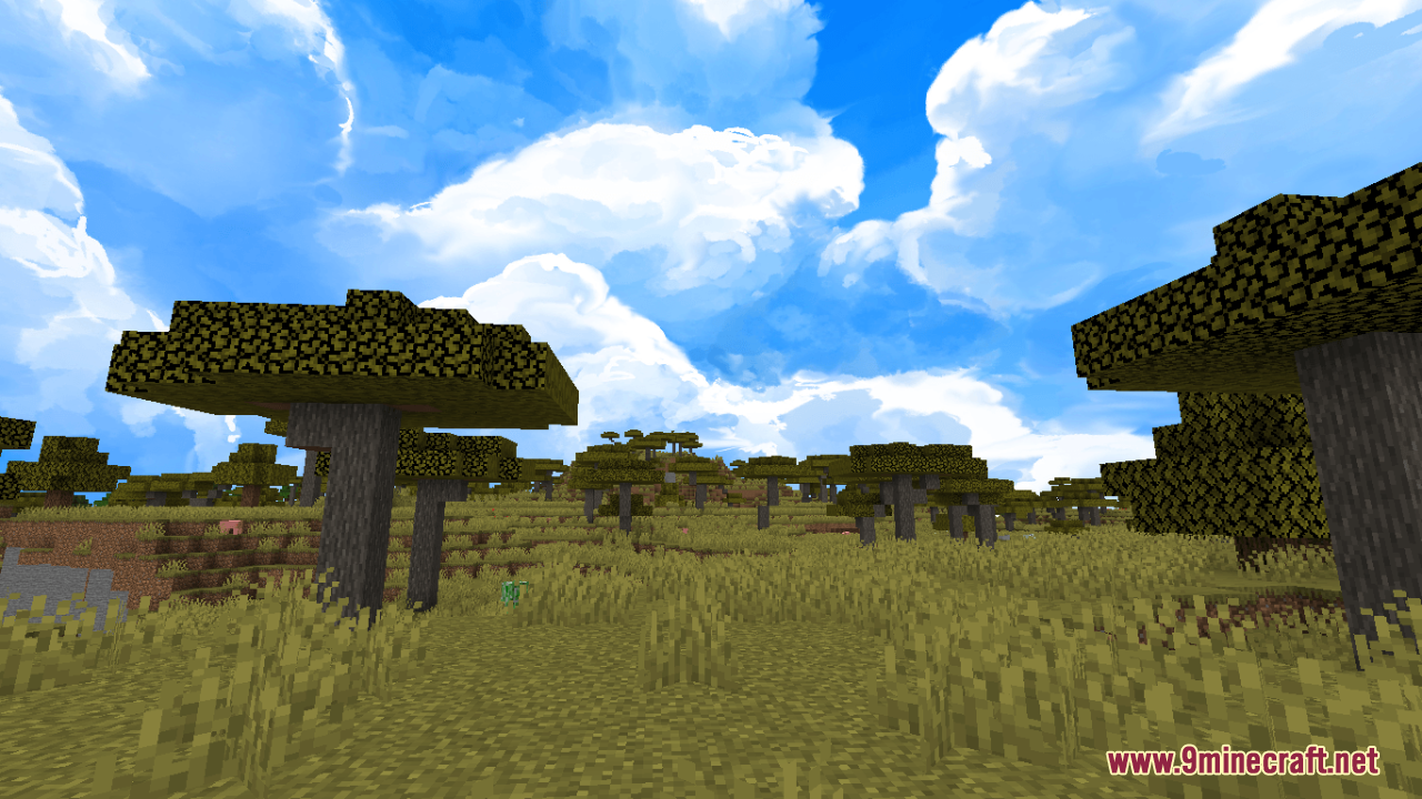 Sky Anime Resource Pack (1.21.10, 1.20.1) – Beautiful Painted Skies 4 Acacia trees in a savanna biome beneath a bright painted anime style sky
