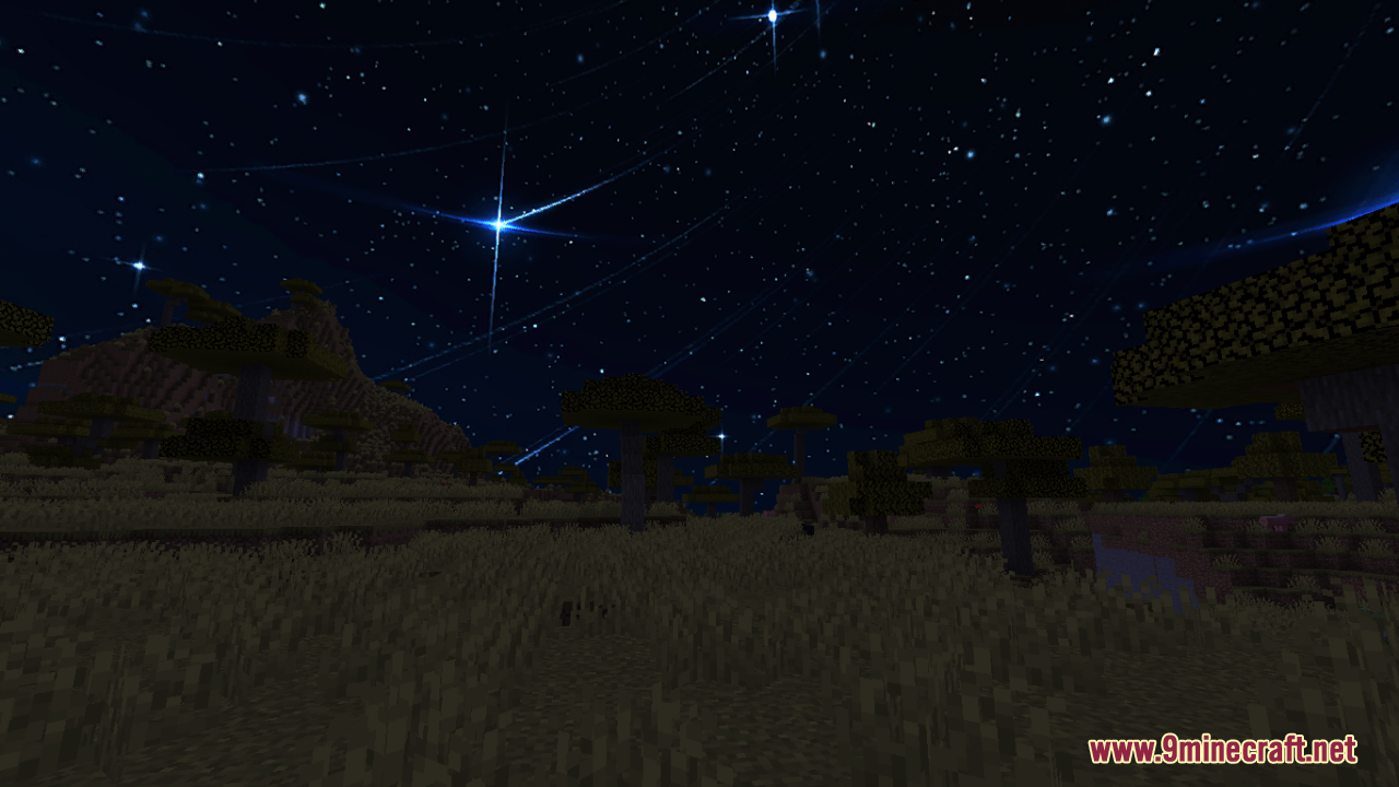 Sky Anime Resource Pack (1.21.10, 1.20.1) – Beautiful Painted Skies 9 Savanna biome at night with anime style starry sky