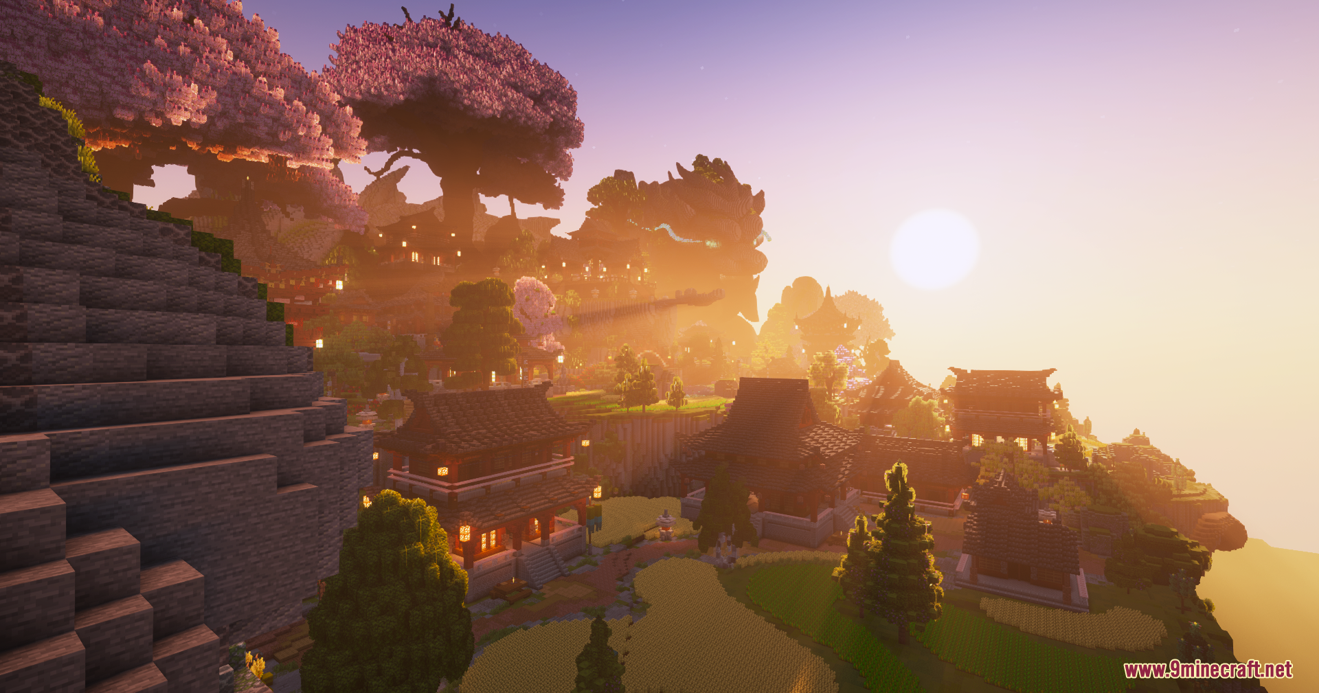 Skyfarm Blossom Map (26.1.2, 1.20.1) – Serene Sky Farm Among Cherry Blossoms 3 Warm sunset over asian style village with cherry blossom trees and lit lanterns