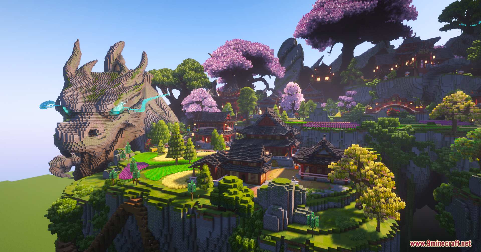 Skyfarm Blossom Map (26.1.2, 1.20.1) – Serene Sky Farm Among Cherry Blossoms 6 Massive stone dragon statue overlooking asian style buildings and cherry blossom trees