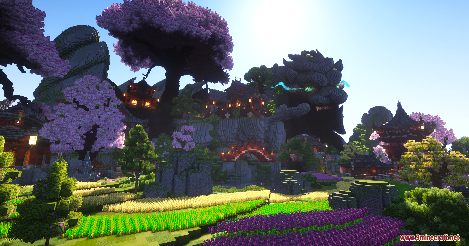 Skyfarm Blossom Map (26.1.2, 1.20.1) – Serene Sky Farm Among Cherry Blossoms 8 Minecraft asian themed village with cherry blossom trees and giant stone dragon