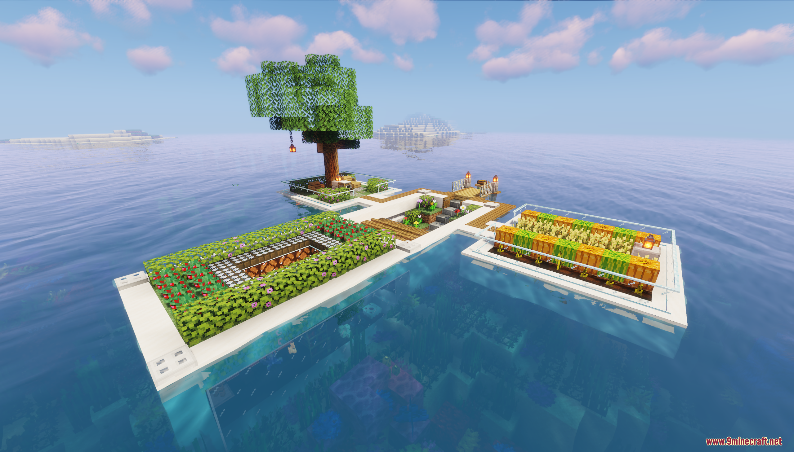Small Underwater Base Map (26.1.2, 1.20.1) – Start Your Ocean Life 2 A modern floating base with multiple farms on the ocean