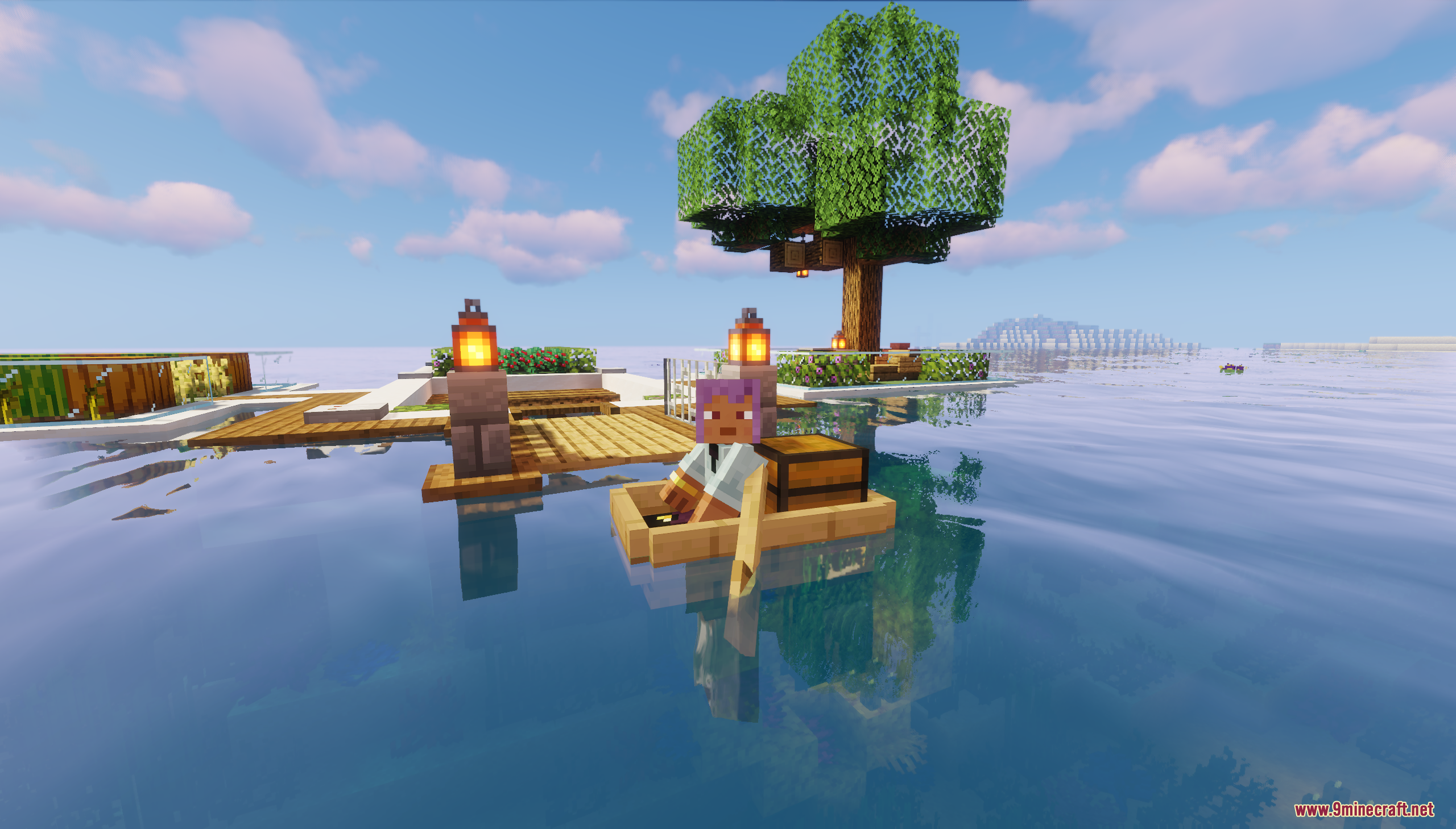 Small Underwater Base Map (26.1.2, 1.20.1) – Start Your Ocean Life 11 Player in a boat next to a small island dock