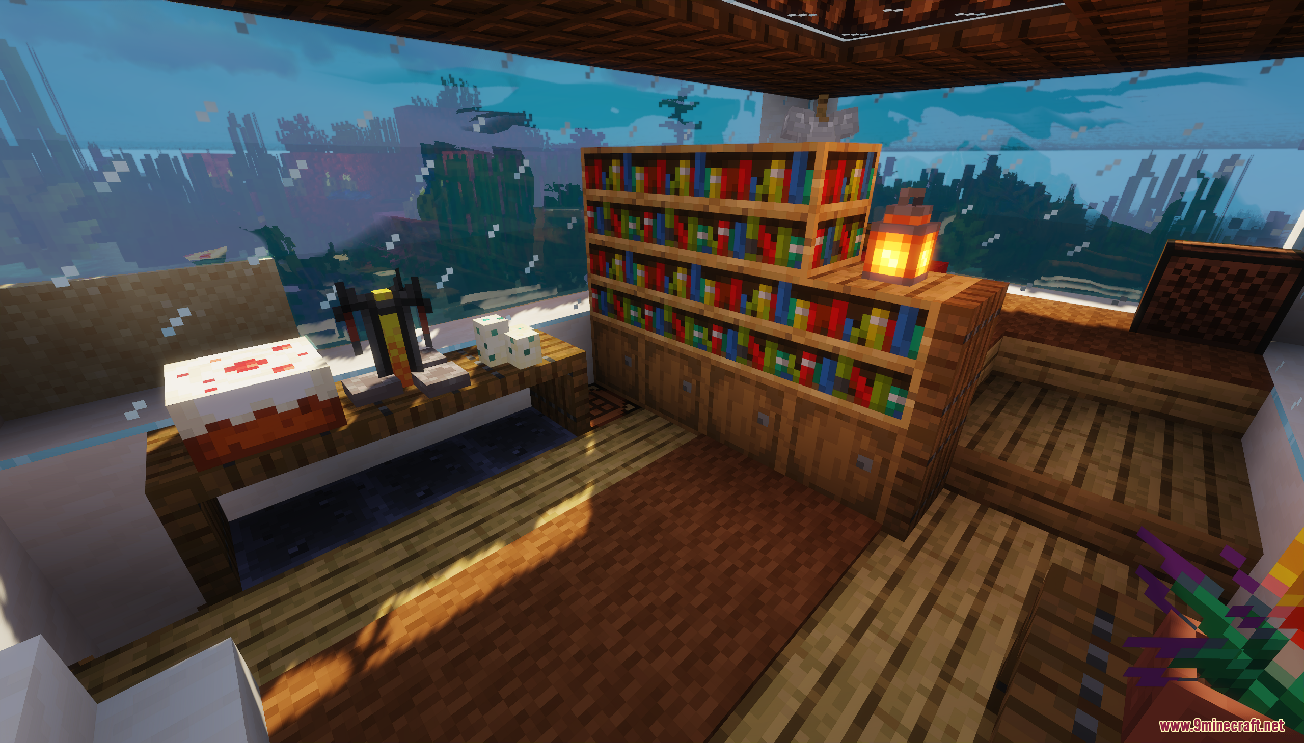 Small Underwater Base Map (26.1.2, 1.20.1) – Start Your Ocean Life 8 Cozy underwater study room with a large ocean view window