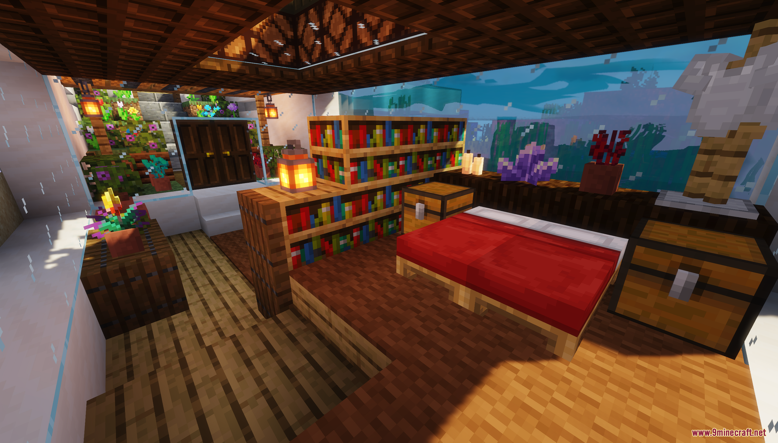 Small Underwater Base Map (26.1.2, 1.20.1) – Start Your Ocean Life 9 Underwater bedroom with a red bed and large glass windows